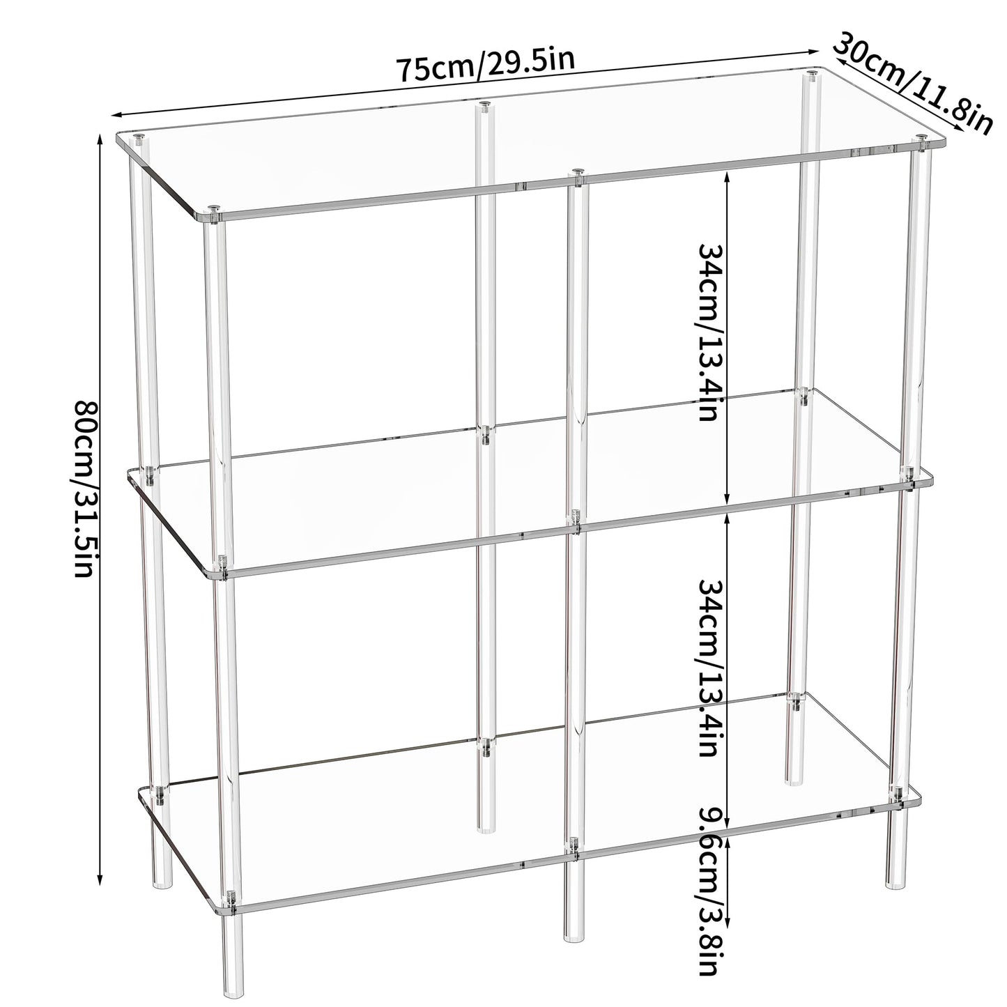 solaround 3-Tier Clear Acrylic Bookshelf, Console Table, 75 x 30 x 80 cm