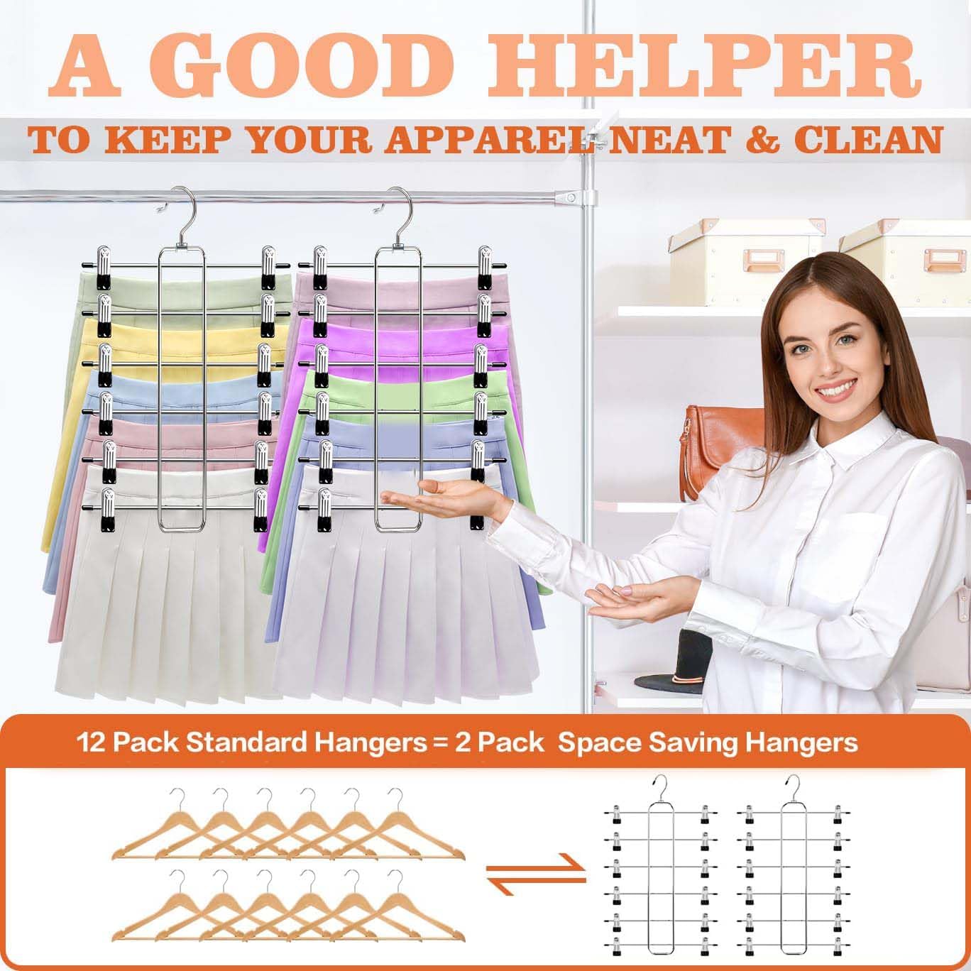 ABCHCHS Pants Hangers with Clips - Space Saving Hanging Closet Organizer and Storage - 6 Tiers Skirt Hangers with 360° Swivel Hook