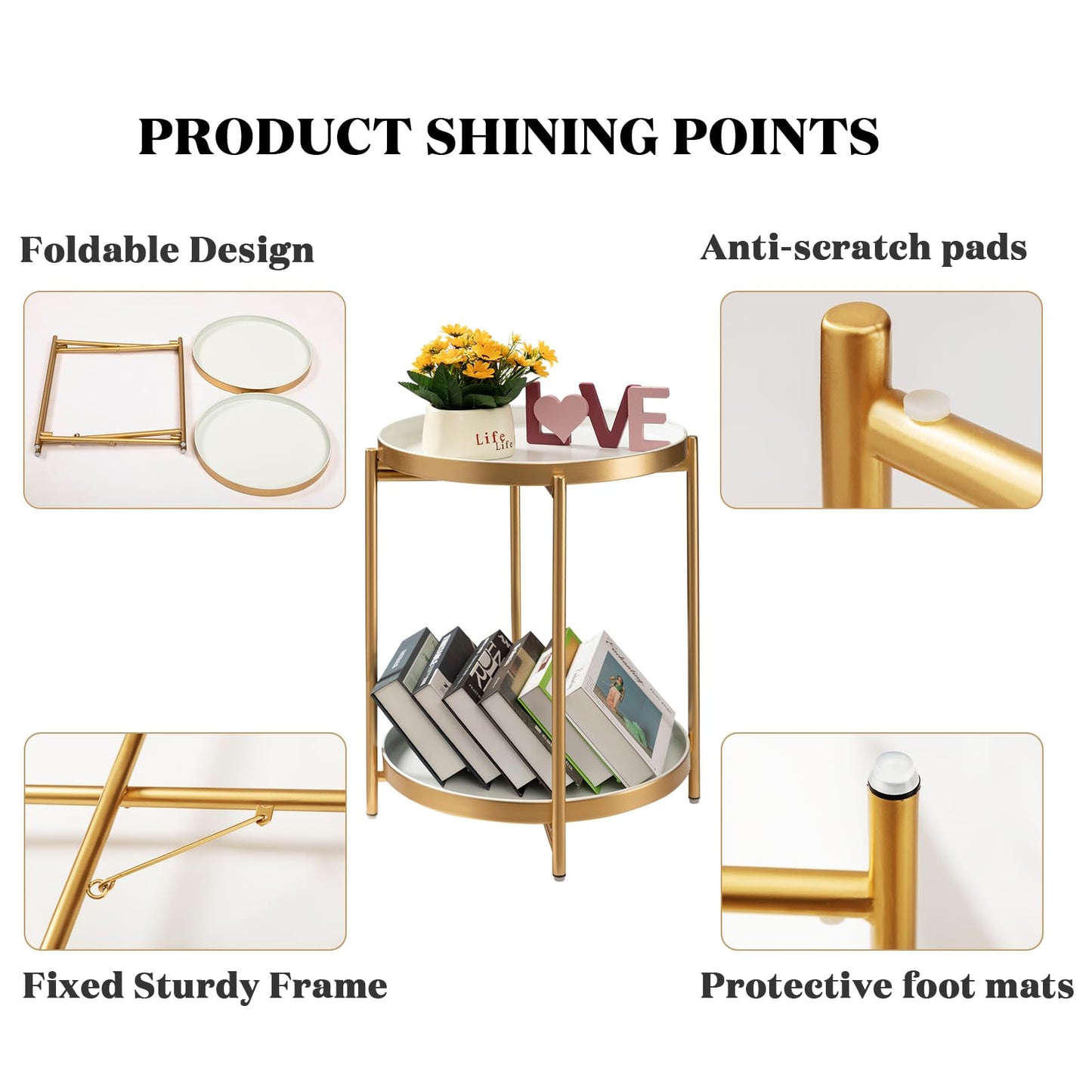 danpinera 2 Tier Gold Side Table, Folding Round Metal End Table Small Nightstand with Two Removable Tray for Bedroom Living Room Bedside Small Spaces