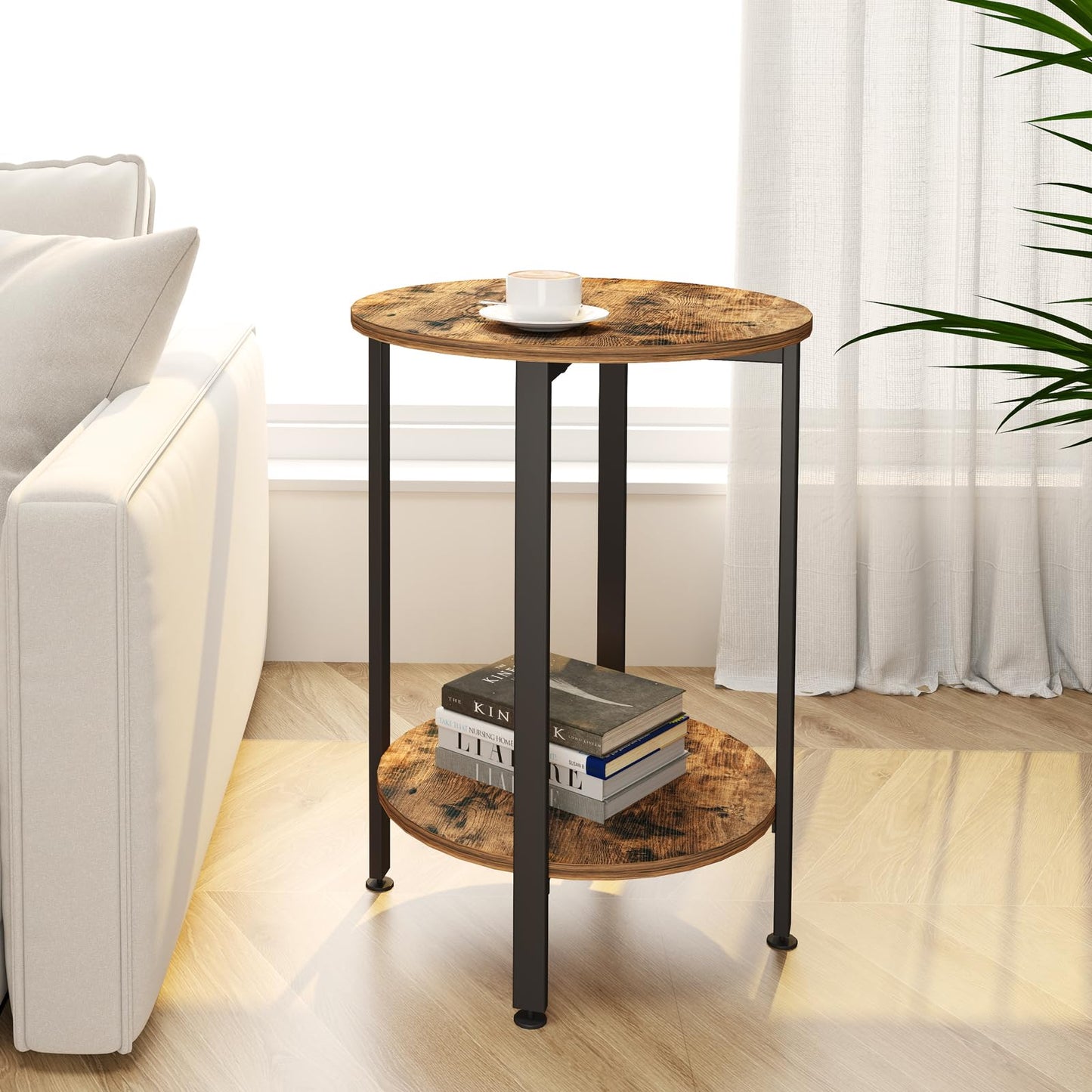 H JINHUI 2-Tier Round Side Table, Industrial End Table, Bedside Table, Sofa Table with Metal Frame, Coffee Table with Storage, for Living room