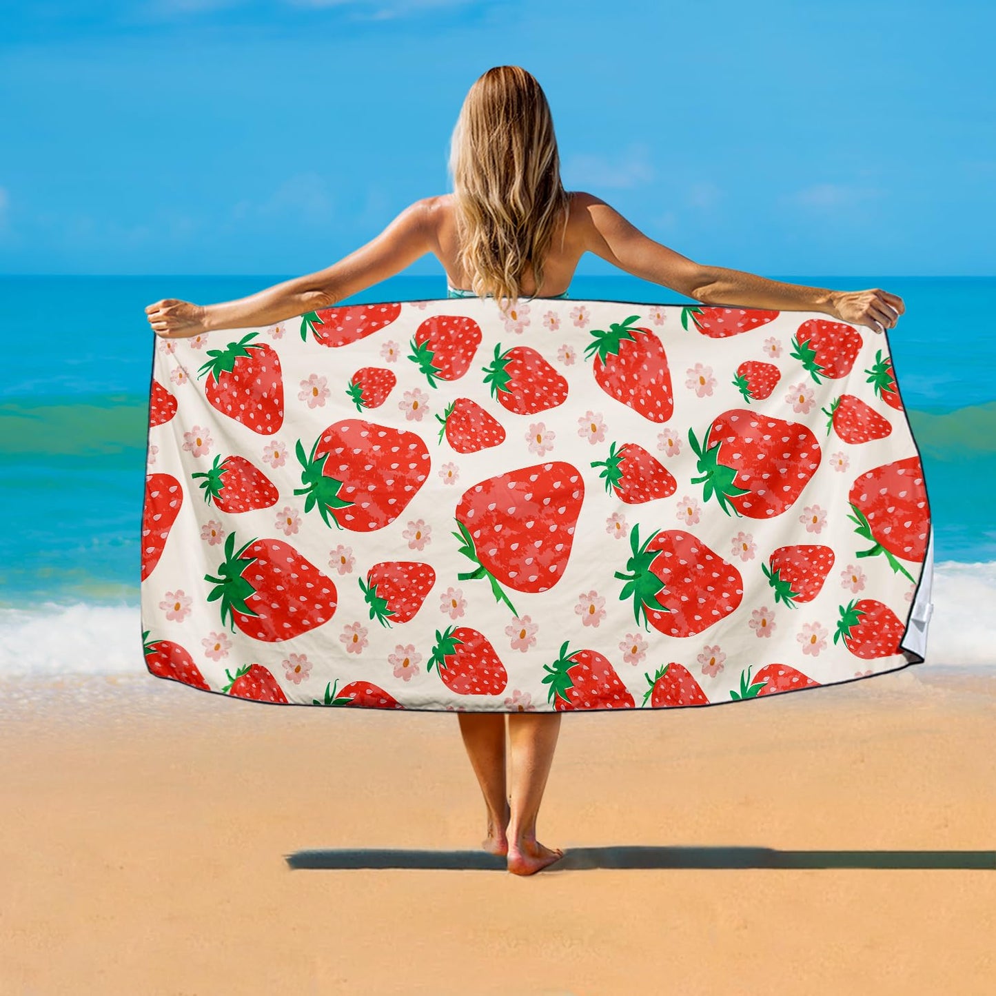 Violetpos Floral Strawberry Beach Towel, Extra Large 180x90 cm 250GSM Microfibre, Sand Free Quick Dry