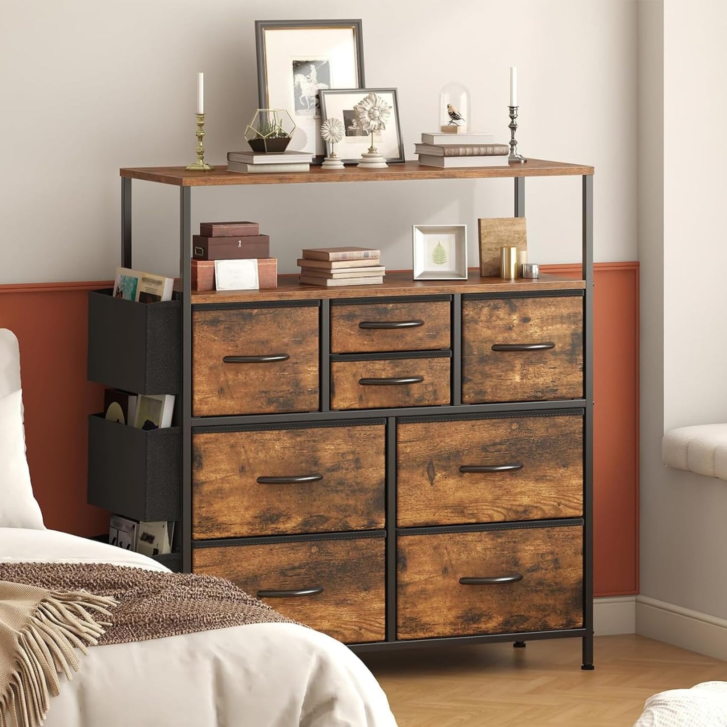 Feonase Chest of Drawers, Bedroom Dresser with 8 Fabric Drawers, Open Storage Shelf, Side Pockets, Wood Top & Metal Frame