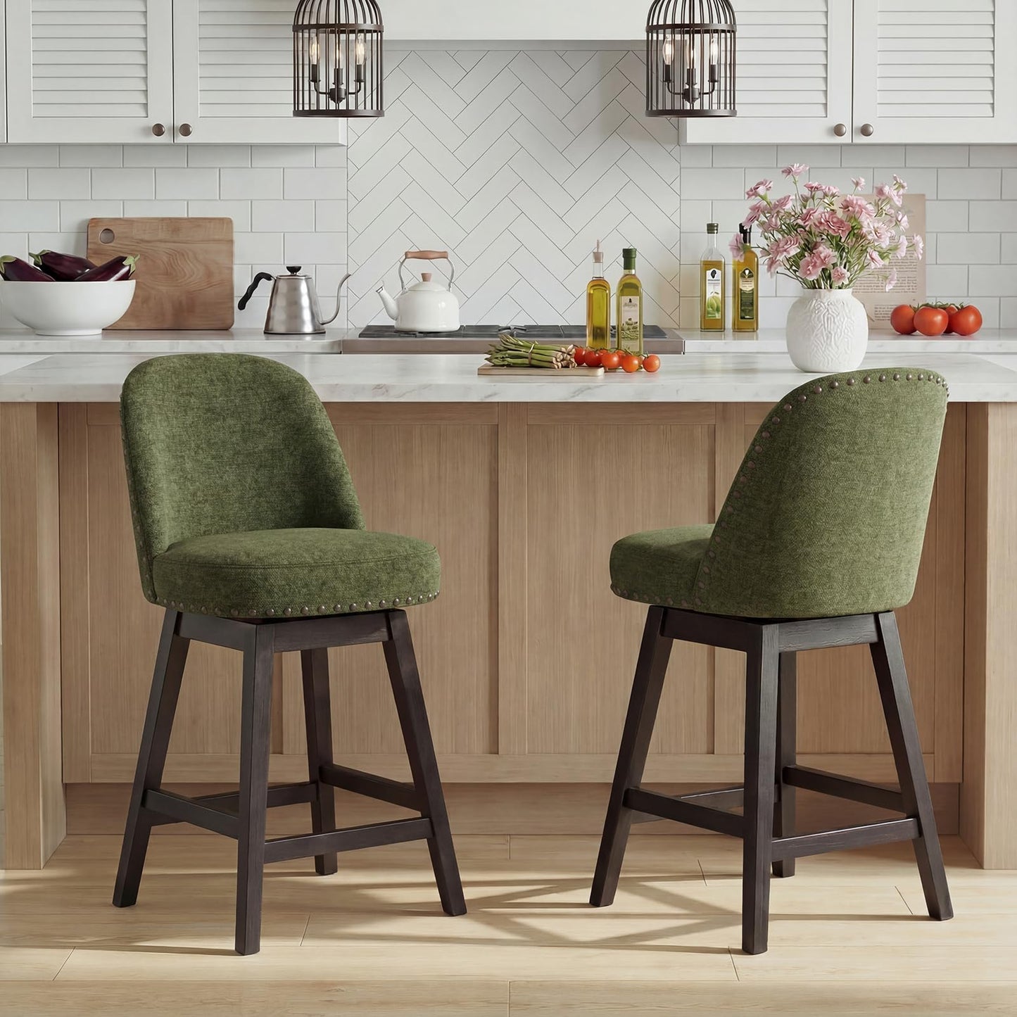 Bar Stools Set of 2, 360° Swivel Counter Stools with Upholstered Seat, Wooden Frame & Nailhead Trim