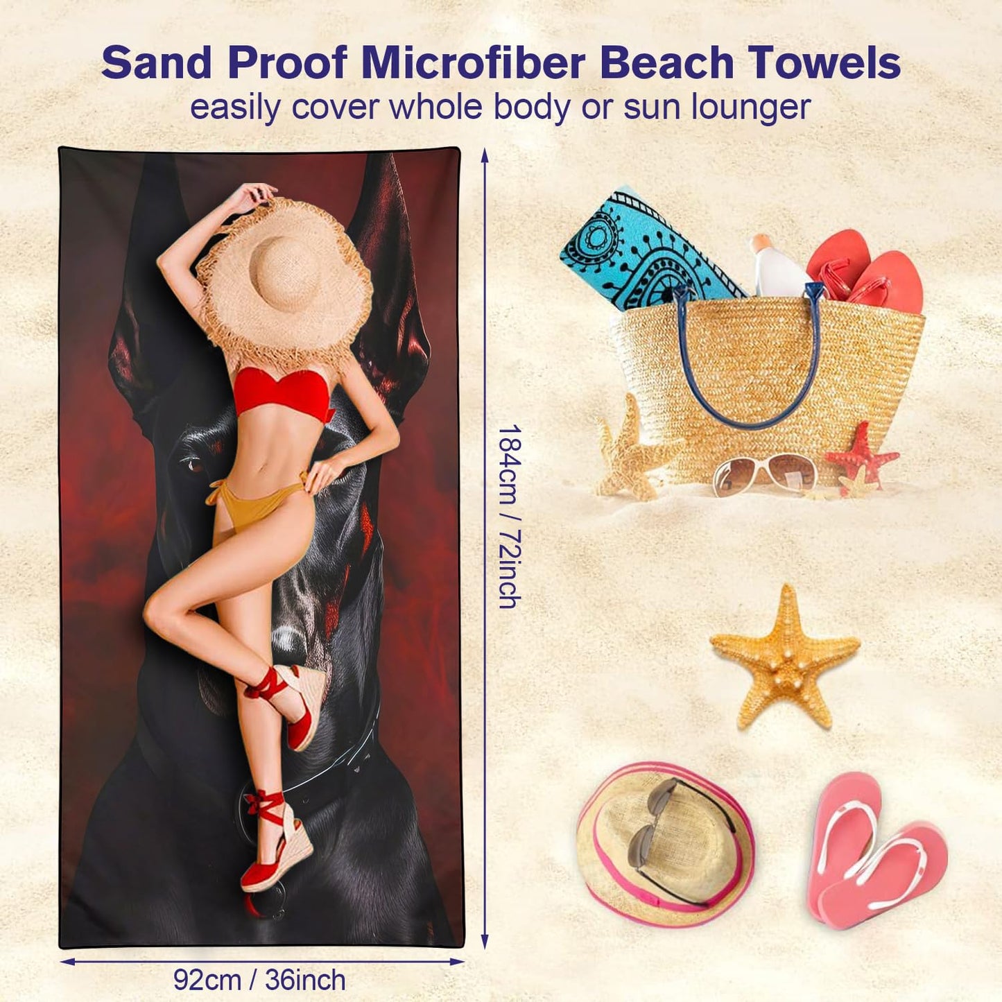 Violetpos Doberman Beach Towel for Dog Lovers, Extra Large 180x90 cm 250GSM Microfibre, Sand Free Quick Dry