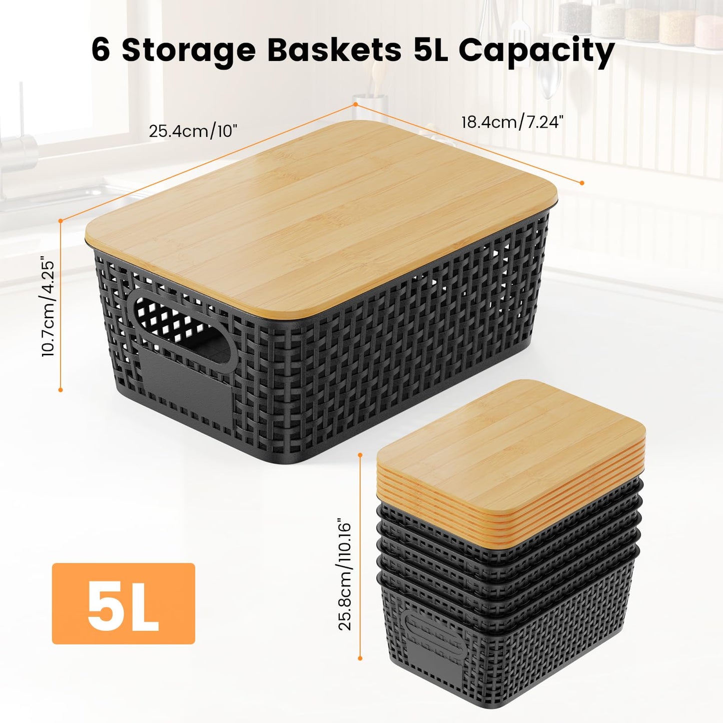 Shrivee Set of 6 Storage Boxes with Bamboo Lids, Bathroom, Kitchen Storage Boxes for Shelves, Cupboards, Cabinets and Home (Black, Set of 6 5 Litres)
