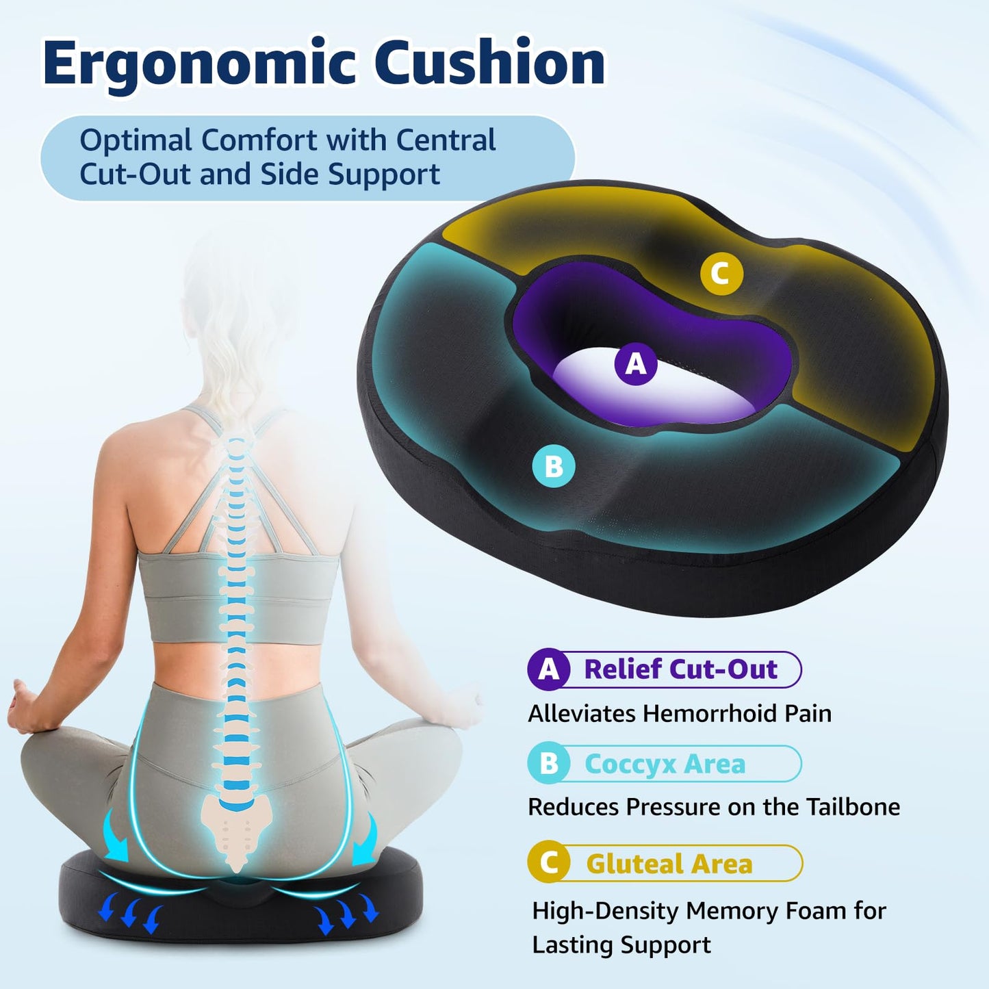 BRO Donut Cushion for Hemorrhoids and Tailbone Pain Relief, Memory Foam