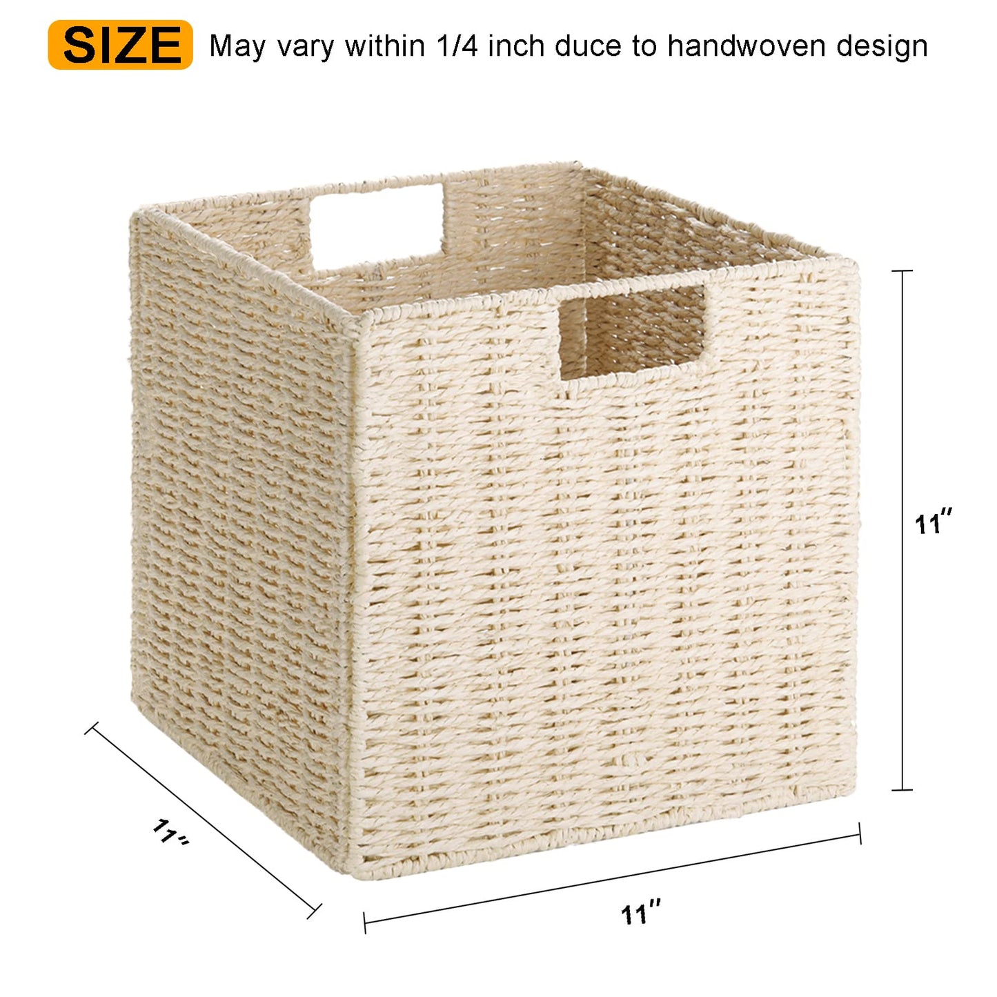 Vagusicc Wicker Storage Baskets, Set of 2 Hand-Woven Paper Rope Foldable Cube Bins Organizer, 11 Inch Square for Shelves Pantry Organizing Decor