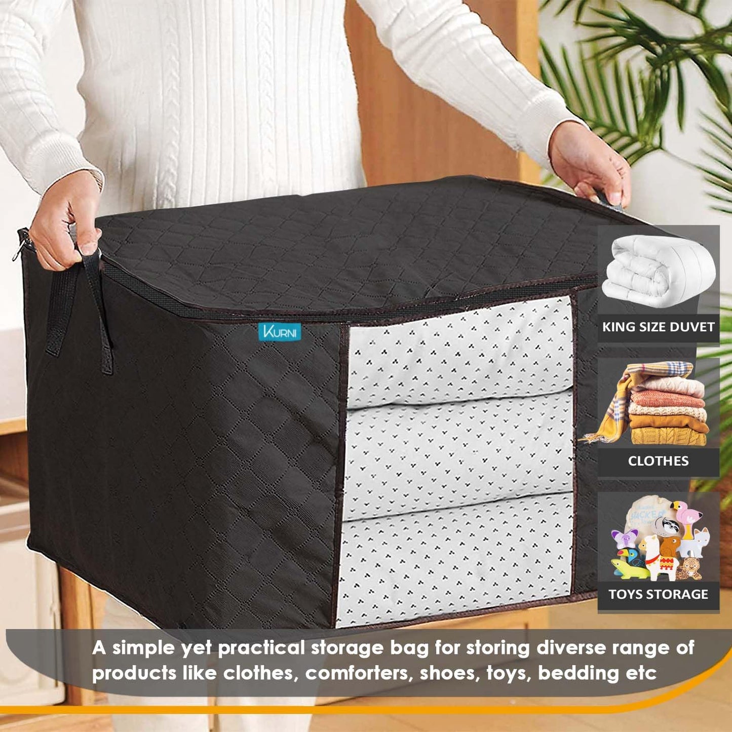KURNI Storage Bags | Clothes Organizer Boxes, Foldable 6 Pack Black, 90L Capacity, 3 Sided Zipper Moving Large Bag. Dust & Moisture Proof
