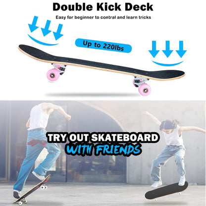 Skateboard,31 x 8 Inch Complete Skateboard, 8-Layer Maple Wood Deck Double Kick Standard Skateboards for Kids, Teens, Adult, Beginner (Pink)