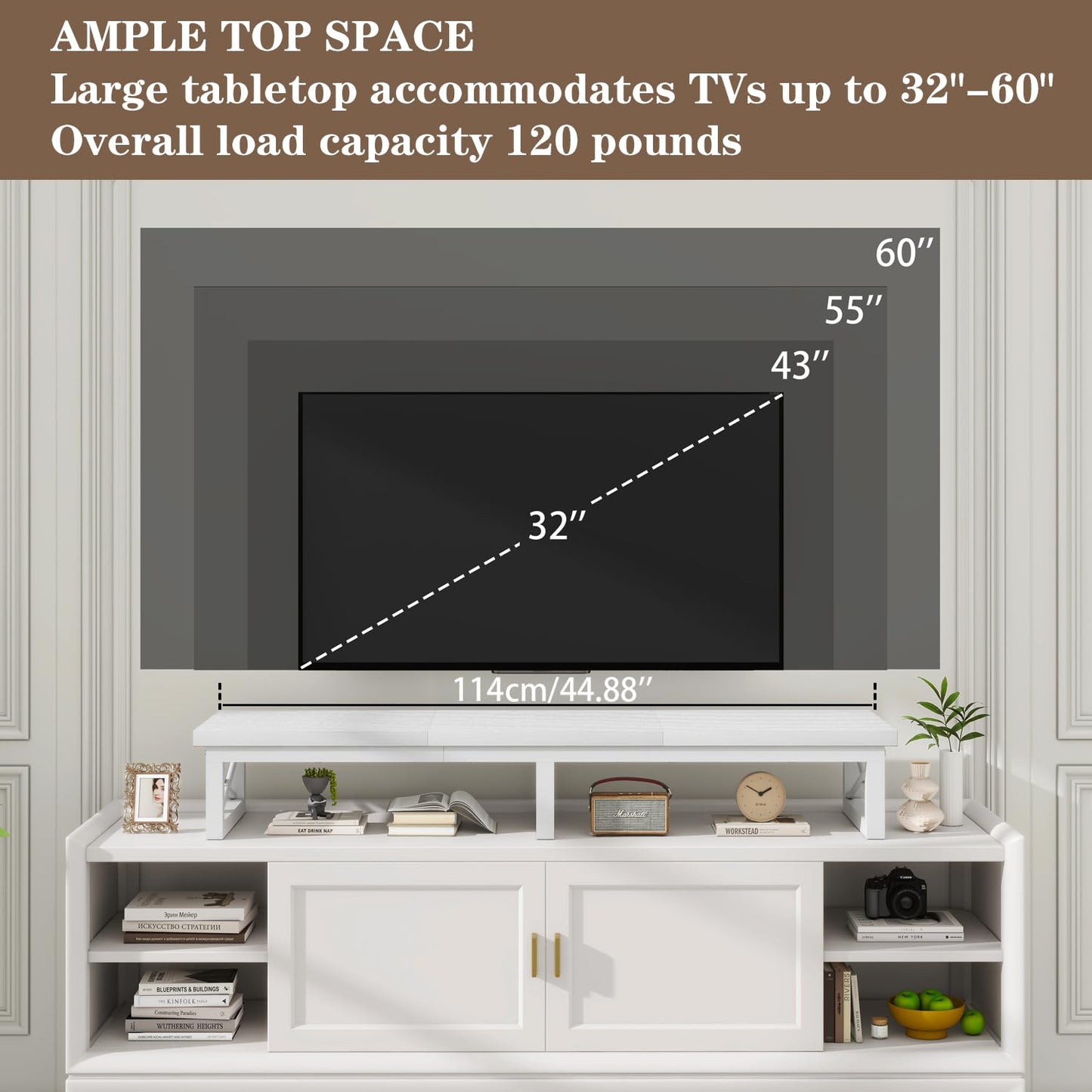 IBUYKE 114cm Large TV Riser for 32-60 inch TV,Tabletop Short TV Stand with Storage and Steel Legs,Dual Screen Office Desk,Stand Riser,TV Riser Stand