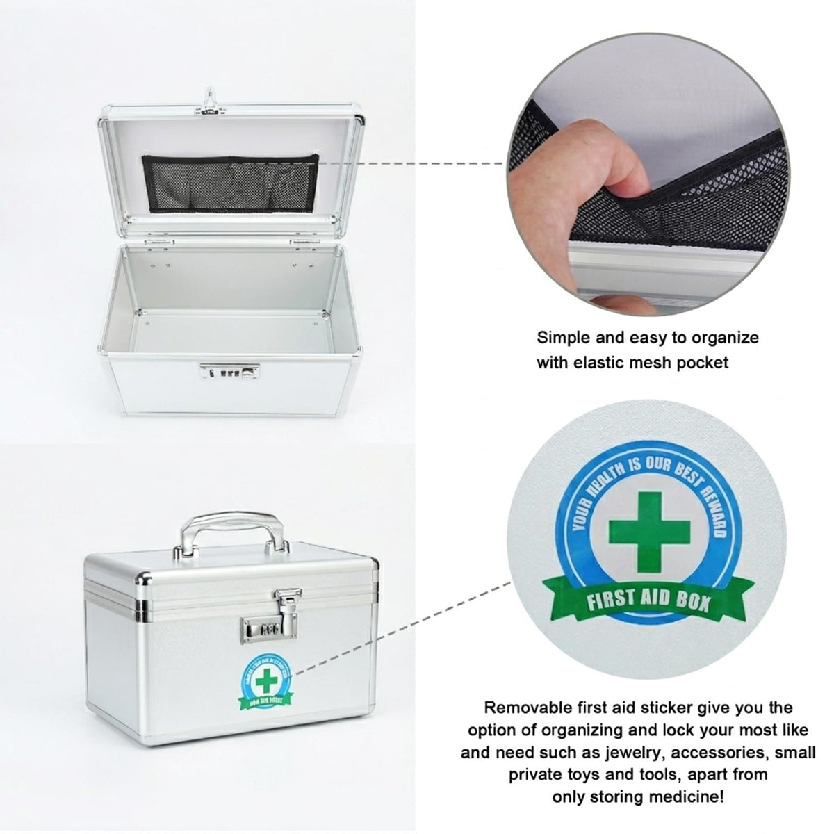 HEWEI WORKS Medication Lock Box, Lockable Medicine Storage, Empty First Aid, Medical Organizer, Safe lockbox for Home & Outdoor Silver, Medium