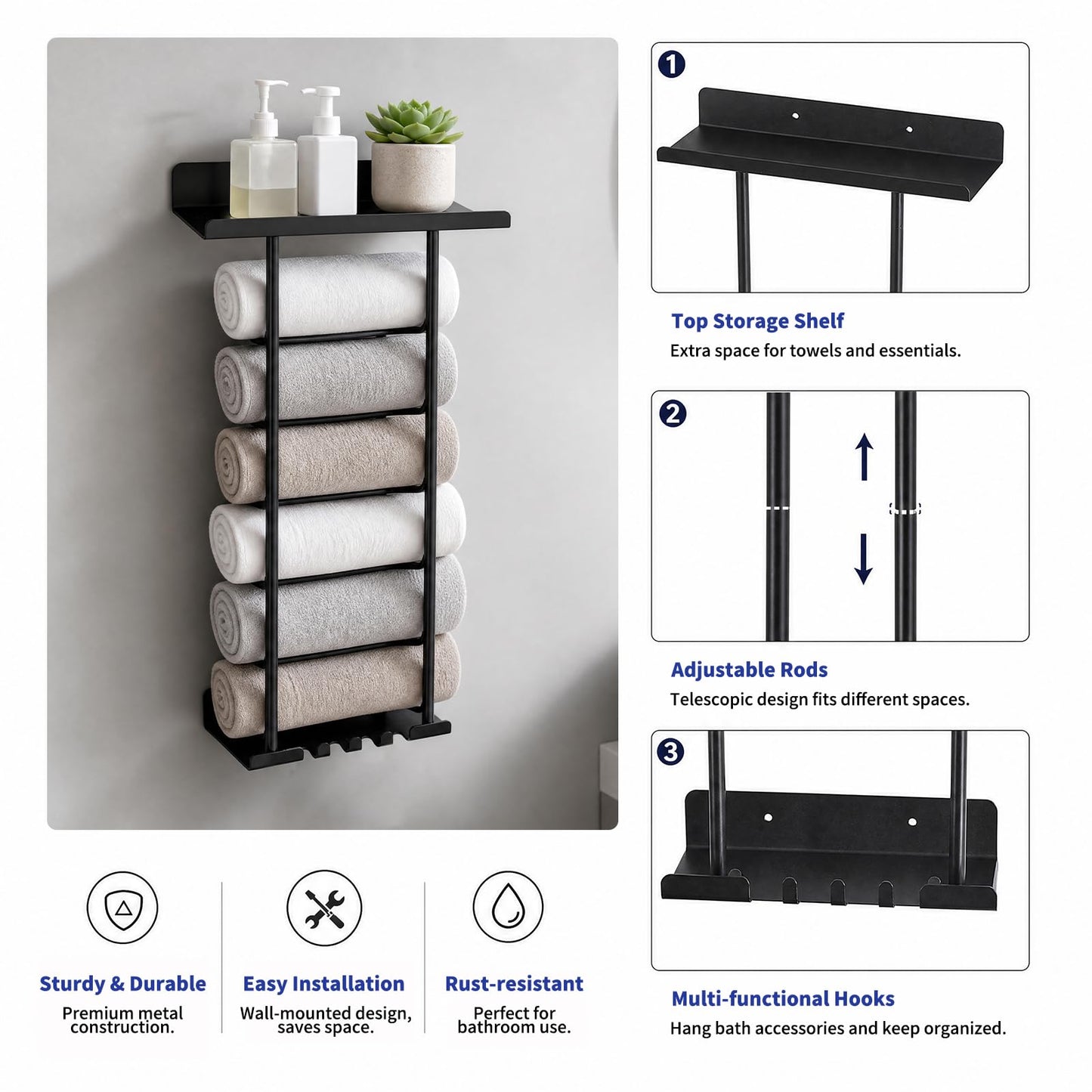 Towel Rack, Bathroom Towel Holder Self Adhesive, 38-75cm Adjustable Pole