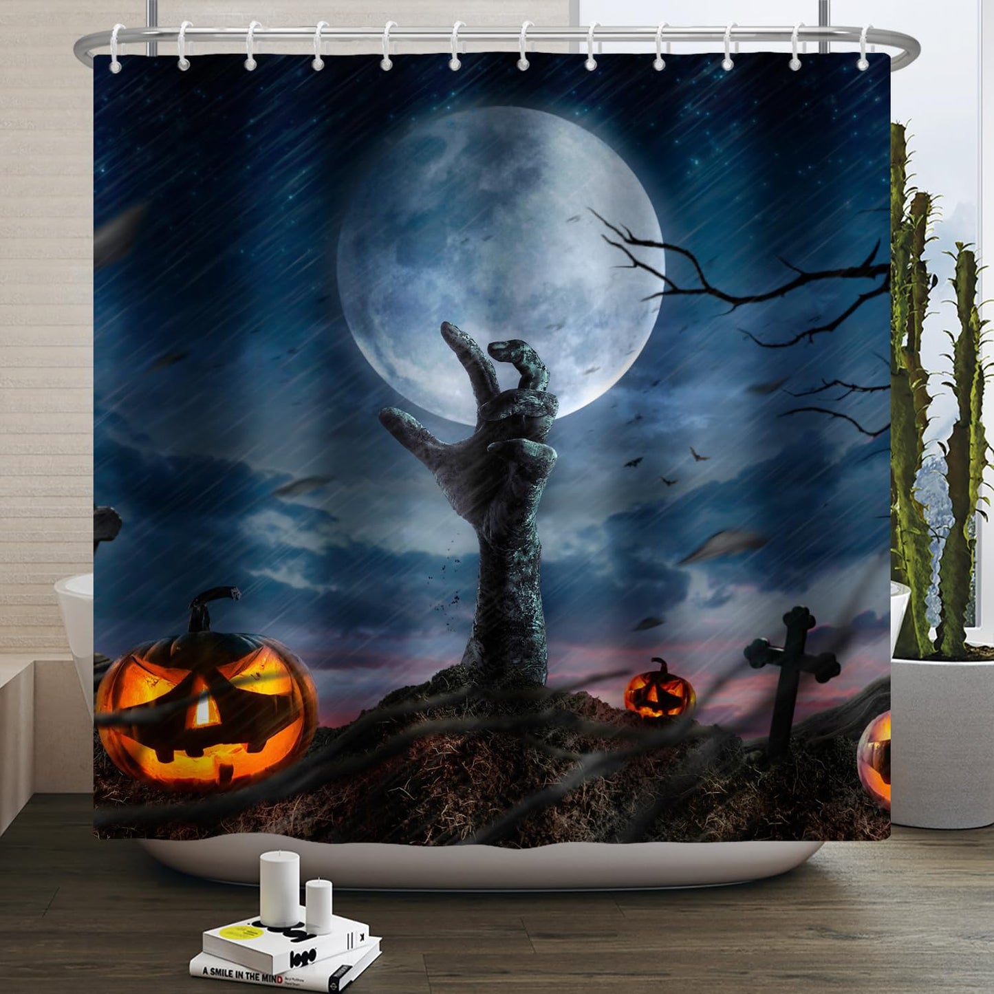 SDOTPMT 140x180cm Halloween Themed Shower Curtain Horror Haunted Hand Pumpkin Lanterns Bath Curtain Creepy Night Moon Bathtub Curtain for Bathroom