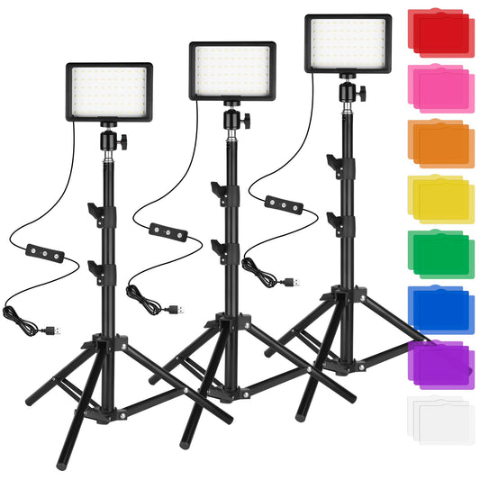 LED Photo Video Light 3-Pack, Ci-Fotto Dimmable 5600K USB LED Continuous Light Photography Light with Tripods and Color Filters for Photo Studios,