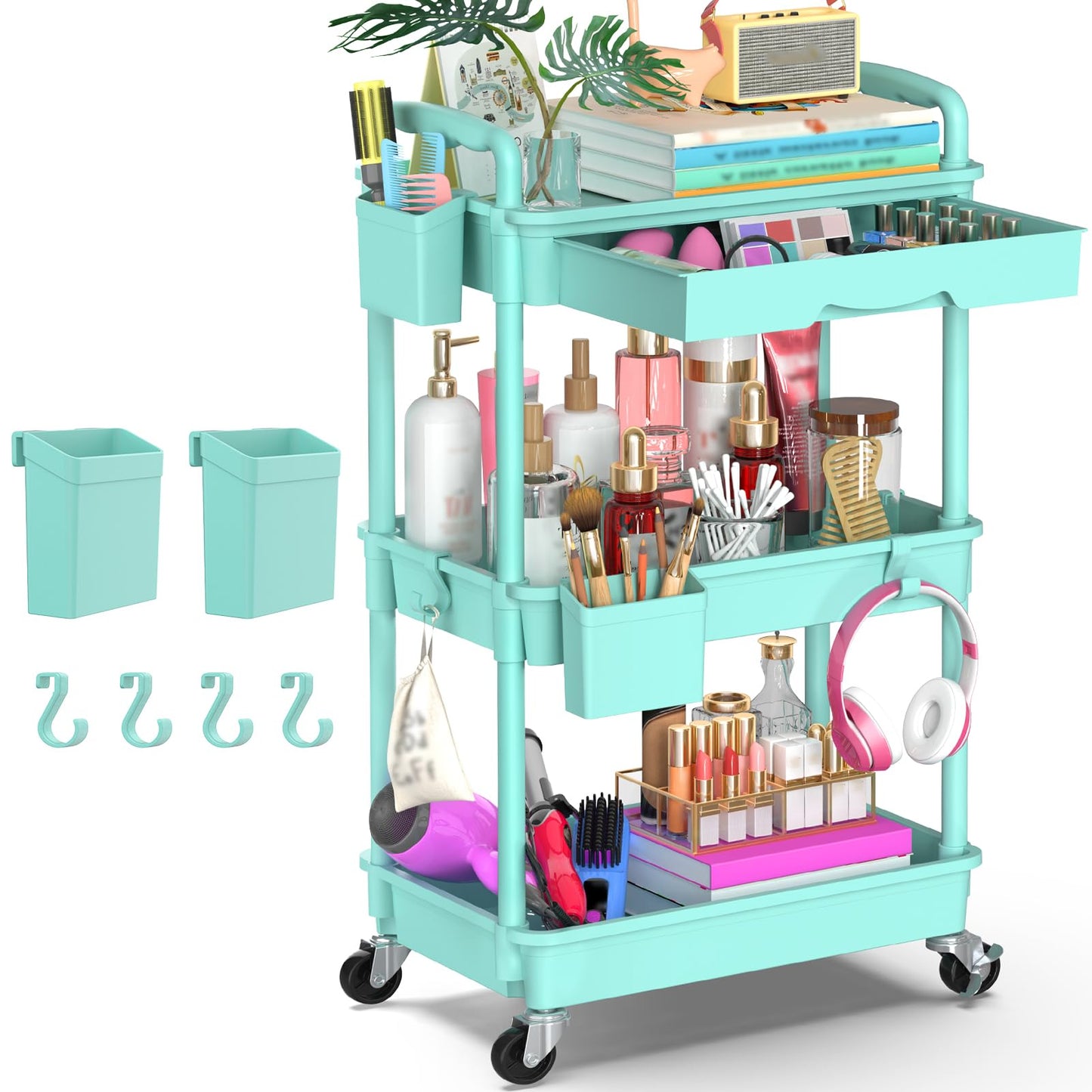 Yeabett 3 Tier Craft Trolley, Storage Trolley On Wheels Utility Cart With Drawer For Kitchen, Bathroom, Office, Living Room, Blue