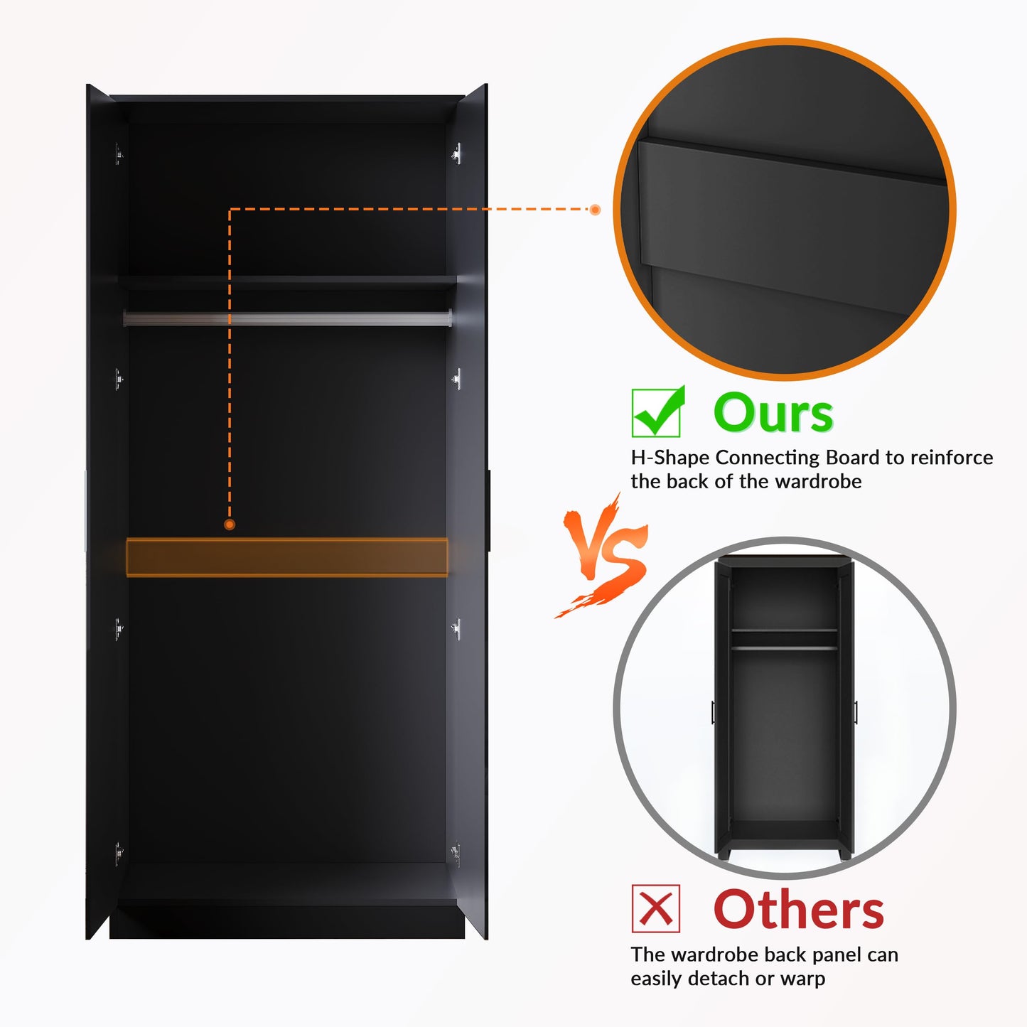 ELEGANT 2 Door Wardrobe High Gloss Black with Hanging Rail, 178x76x47cm