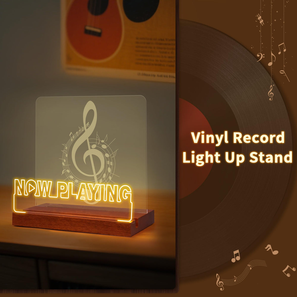 OkiyiD Now Playing Vinyl Record Stand, Light Up Record Holder Stand Display Decor