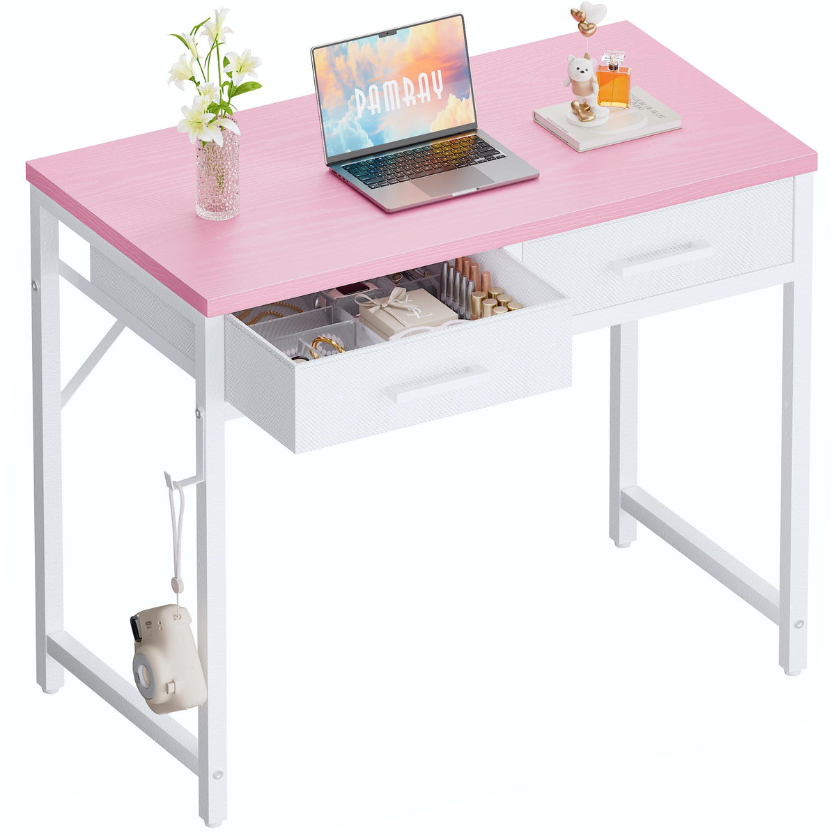 PAMRAY 80cm Small Computer Desk with 2 Drawers for Bedroom Study Writing Home Office Table for Small Spaces Pink