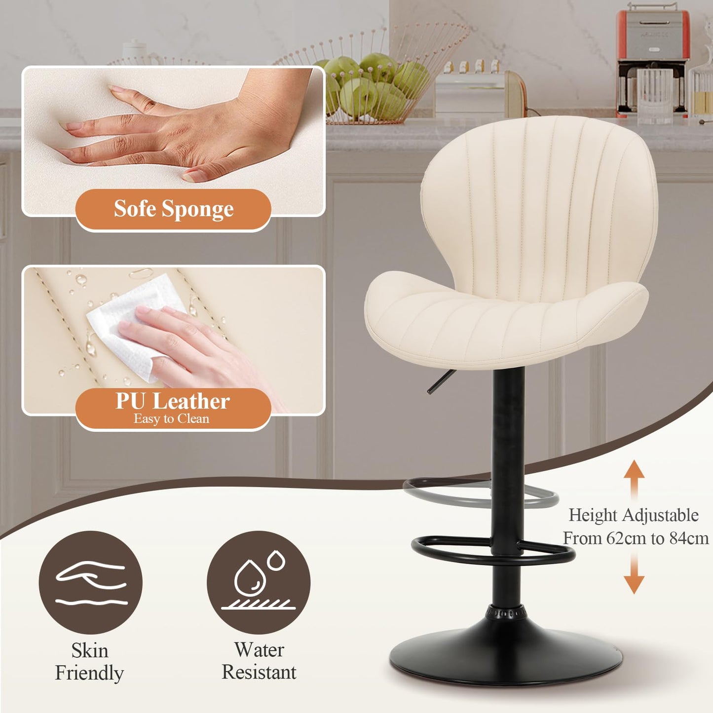 COLAMY Breakfast Bar Stools Set of 6, Modern Swivel Kitchen Bar Chairs, Adjustable PU Leather Upholstered Barstools Counter Height with High Backrest