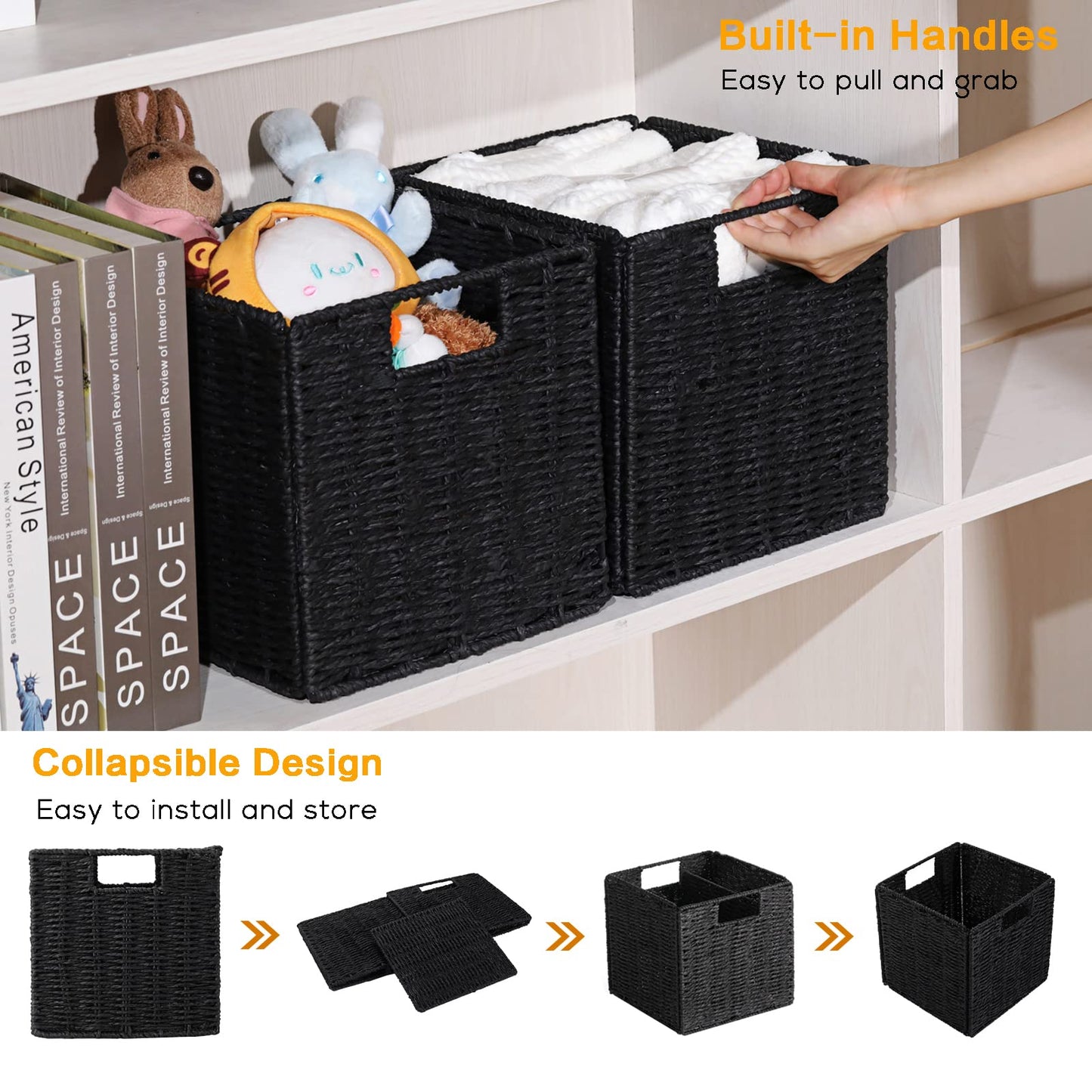 Vagusicc Wicker Baskets for Storage, Set of 2 Hand-Woven Storage Baskets for Shelves, Foldable Cube Storage Baskets Bins with Handles