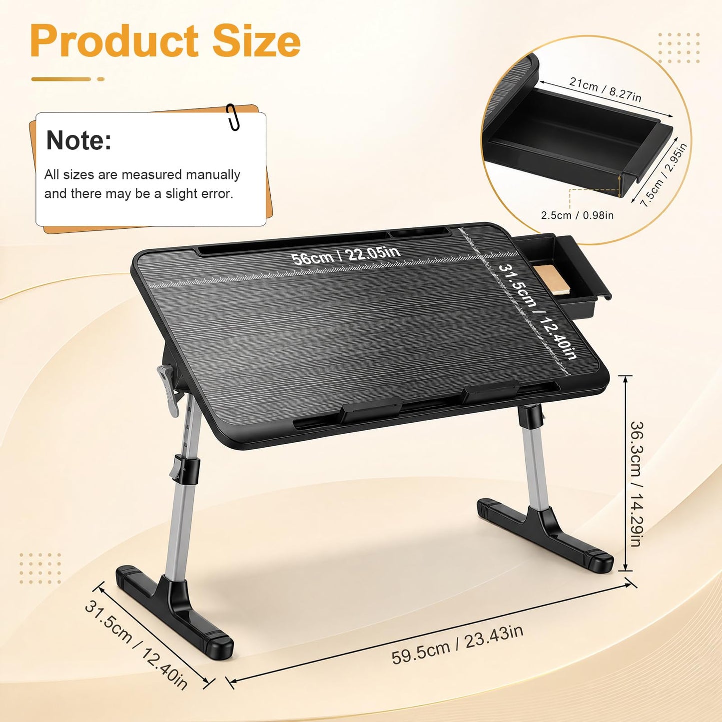 2-in-1 Bed Table & Lap Desk with Adjustable Height & Angle, Foldable Laptop Stand with Book Stand, Drawer & Edge Stopper, Ideal for Bed Desk