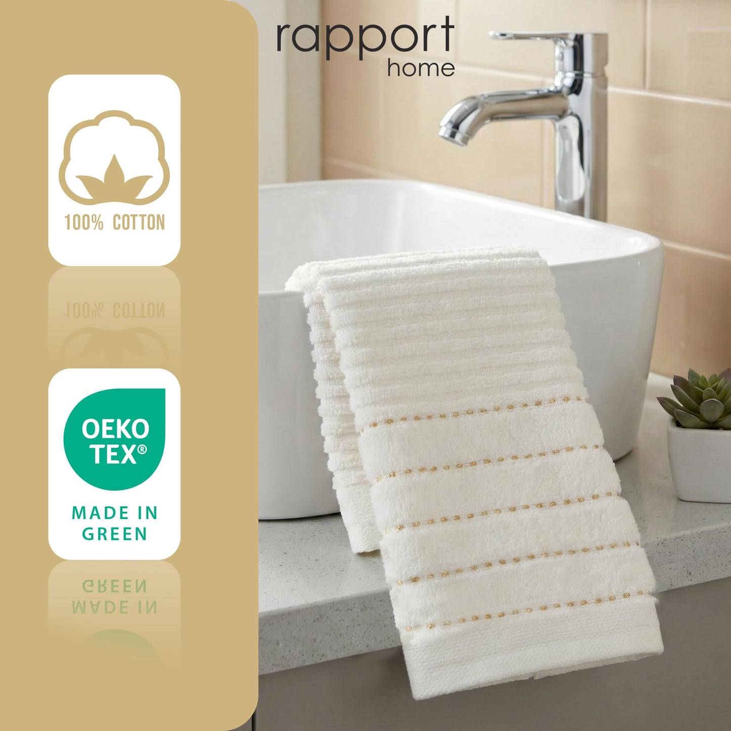 Rapport Home 2-Pack Linear Hand Towels | 50x85cm 100% Cotton 500GSM | Absorbent & Soft Bathroom Towel Set | Oeko-Tex Certified | Ivory Cream