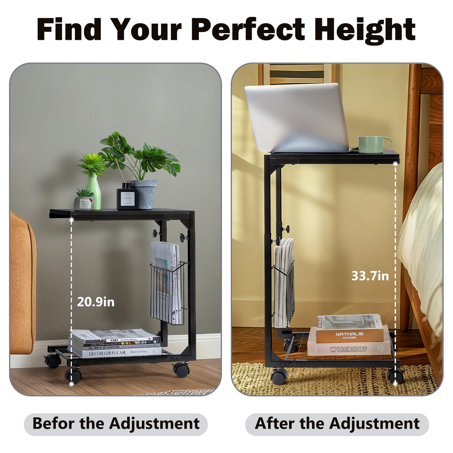 C Shaped Side Table Metal Frame Black Side Table With Wheels 2-tier Shelf