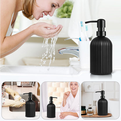 Matte Black Ribbed Glass Soap Dispenser, 400ml Refillable Countertop Hand Soap Bottle with Rust‑Proof Pump, for Kitchen, Bathroom & Laundry Room