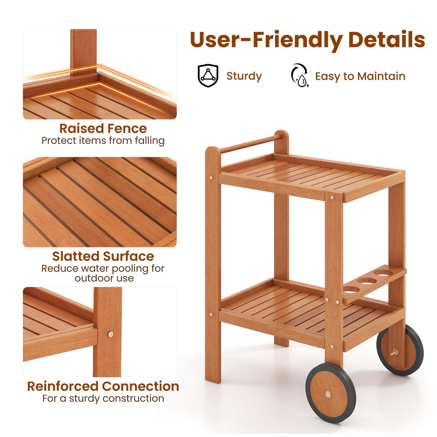 GiantexUK 2-Tier Serving Trolley, Wooden Bar Cart with Wine Bottle Holders, 2 Wheels & Handle