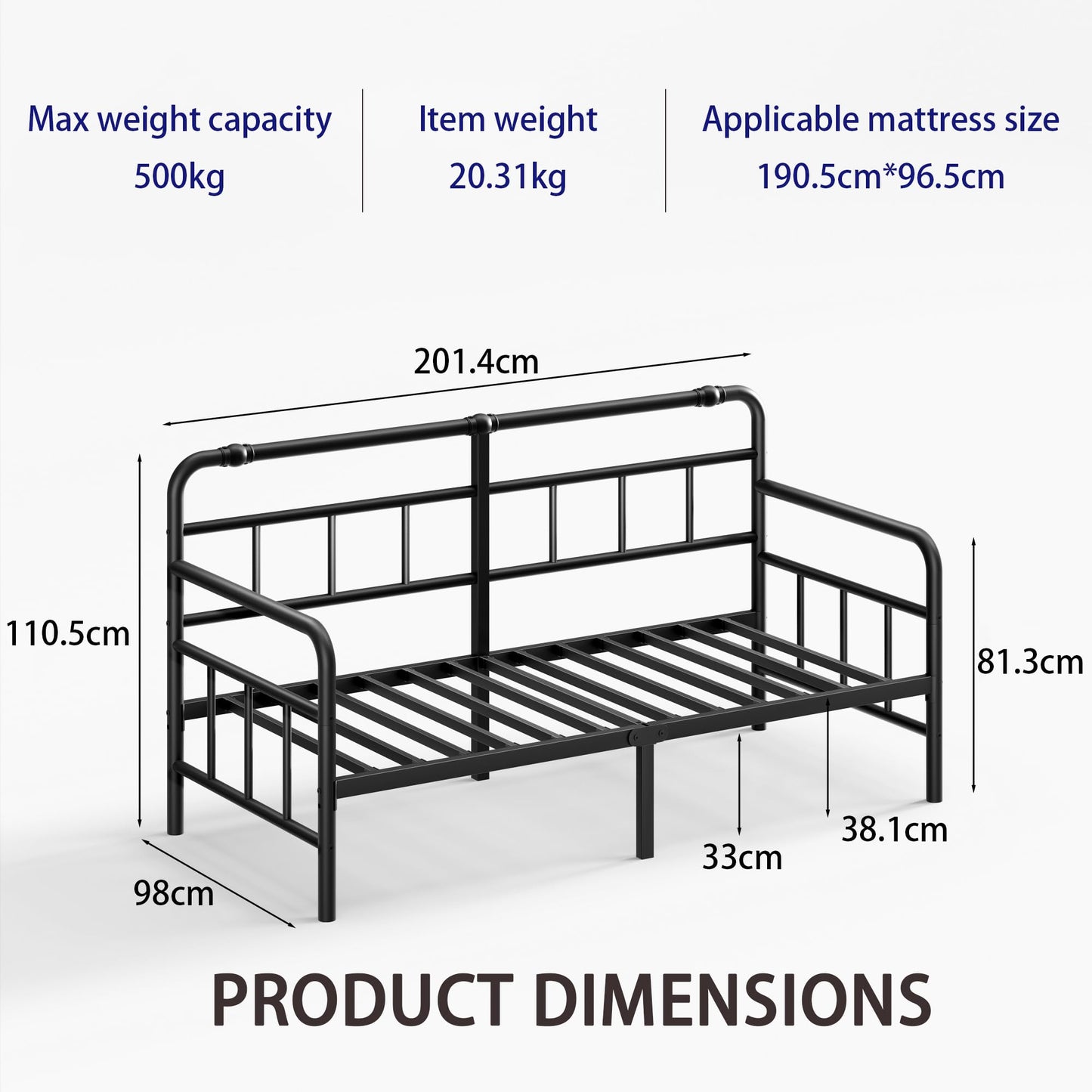 QFtime Metal Day Bed Frame with Headboard - Single Bed Frame with Underbed Storage and Steel Slat Support - Easy Assembly, Noise Free Black