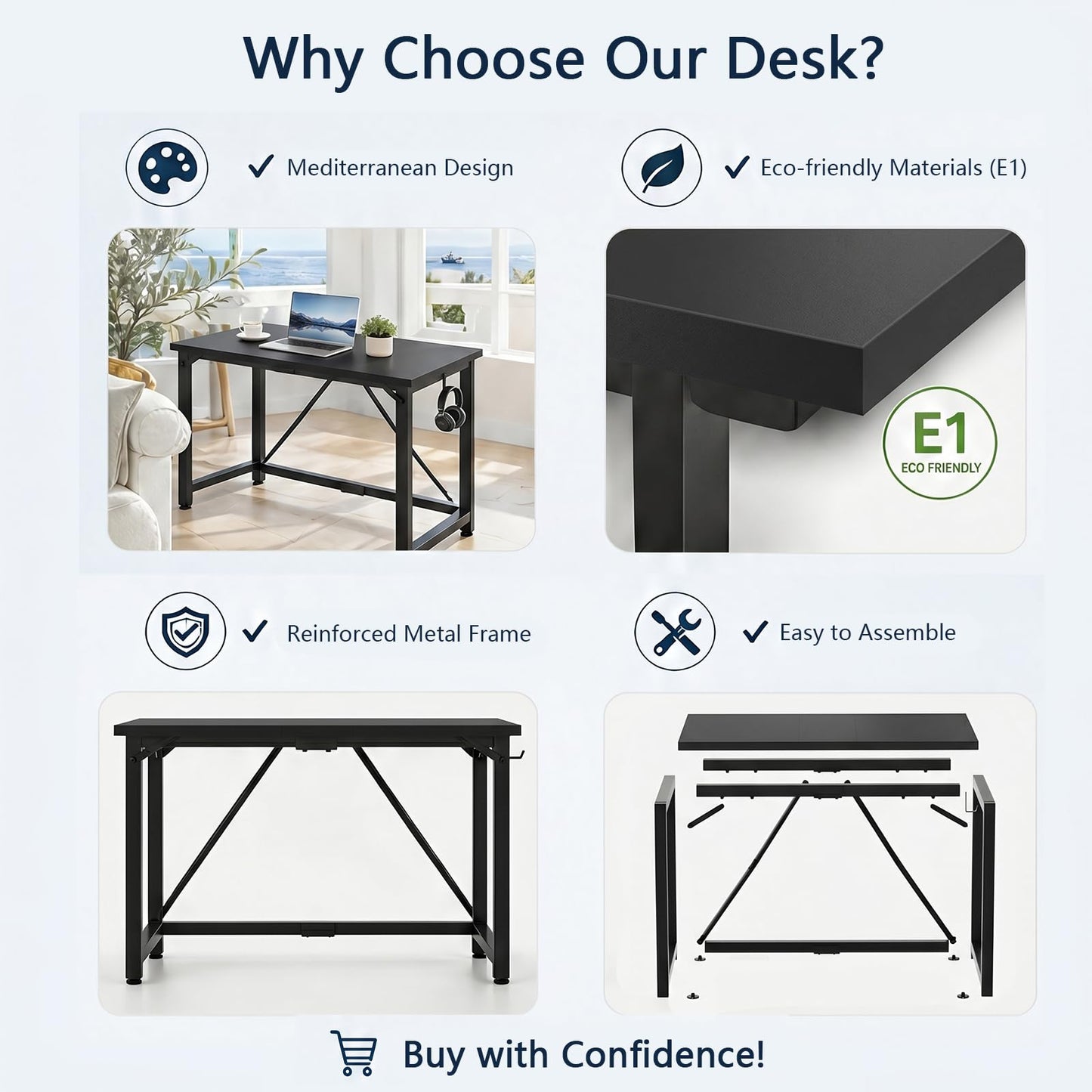JUMMICO 100×50cm Computer Desk, Compact Home Office Writing Desk, Small Study Laptop Workstation for Limited Space, Quick Assembly, Metal Frame, Black