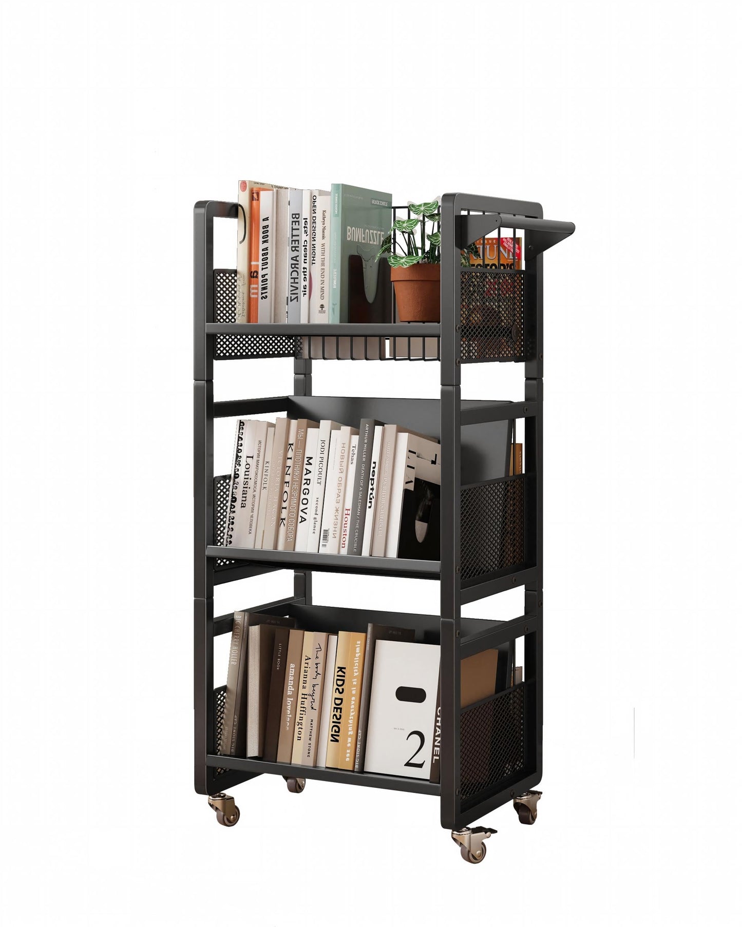 Ornestia Book Trolley,Mobile Bookshelf Organiser with Lockable Wheels,Black
