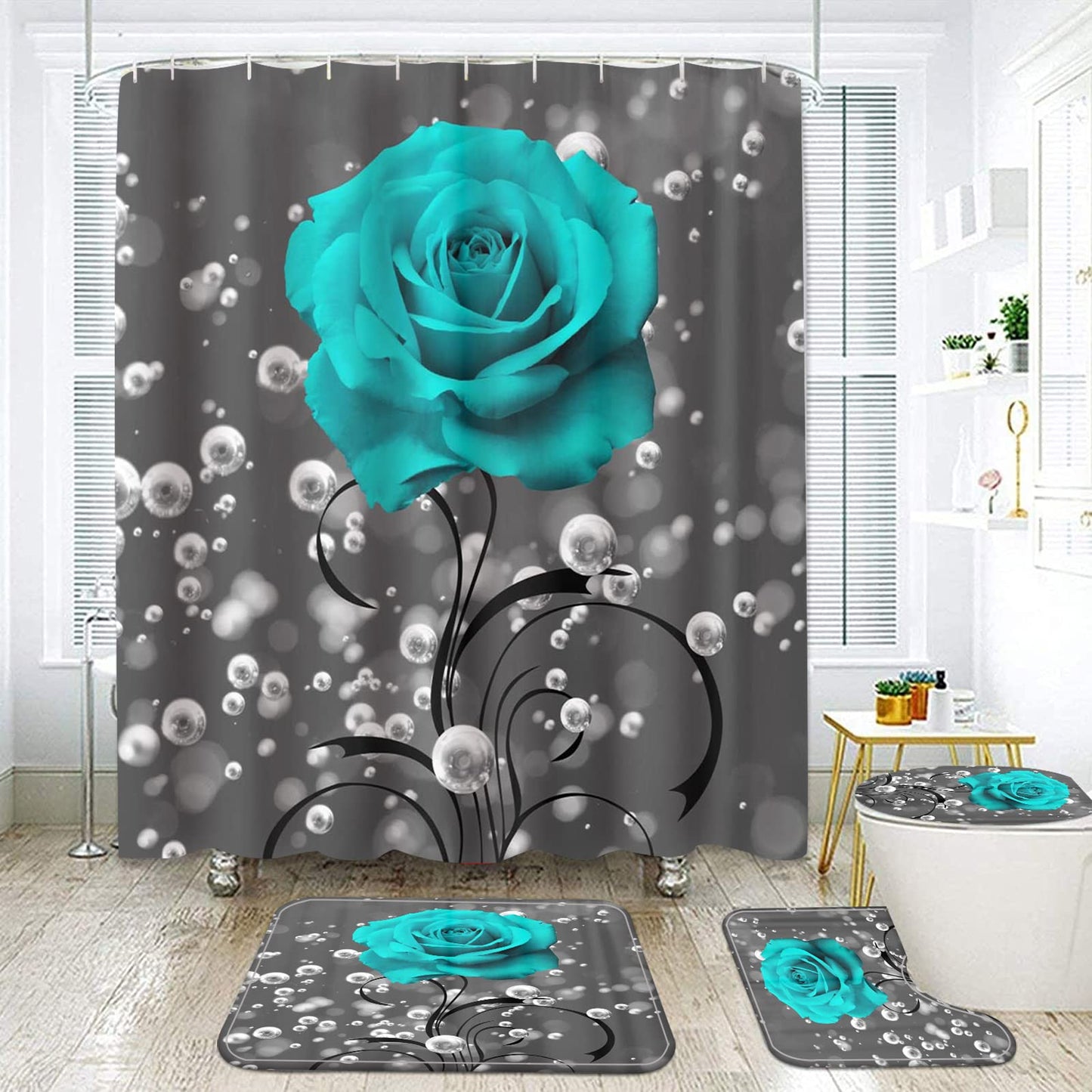 4 Piece Shower Curtain with Bath Rugs Bathroom Sets, Rustic Blue Rose Flower with Butterfly Bathtub Accessory Kit -- Carpet ,U Shape Mat and Toilet
