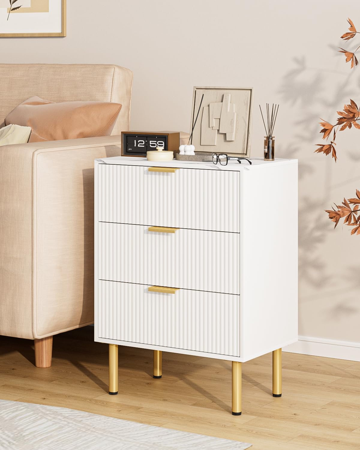 Apetaccat Bedside Table with 3 Drawers, Modern Bedside Cabniet with Metal Legs, Fluted Nightstand, Side Table for Bedroom, Living Room, Office, White