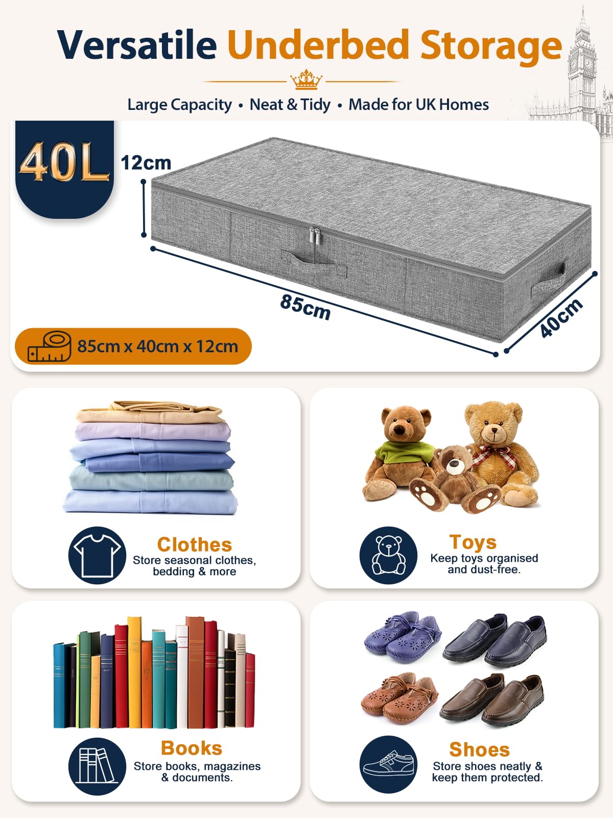 40L 12cm Tall Shallow Underbed Storage Boxes with Zipped Lids, 2 Pack, Grey