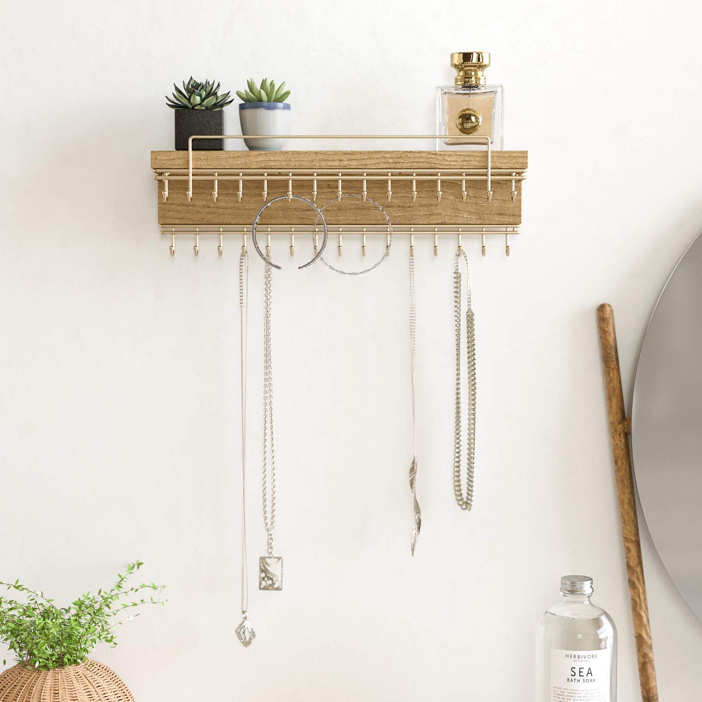 J JACKCUBE DESIGN Rustic Wood Wall Mounted Jewelry Organizer with 30 Gold Metal Hooks Display Shelf Storage for Necklaces, Bracelets, Earrings
