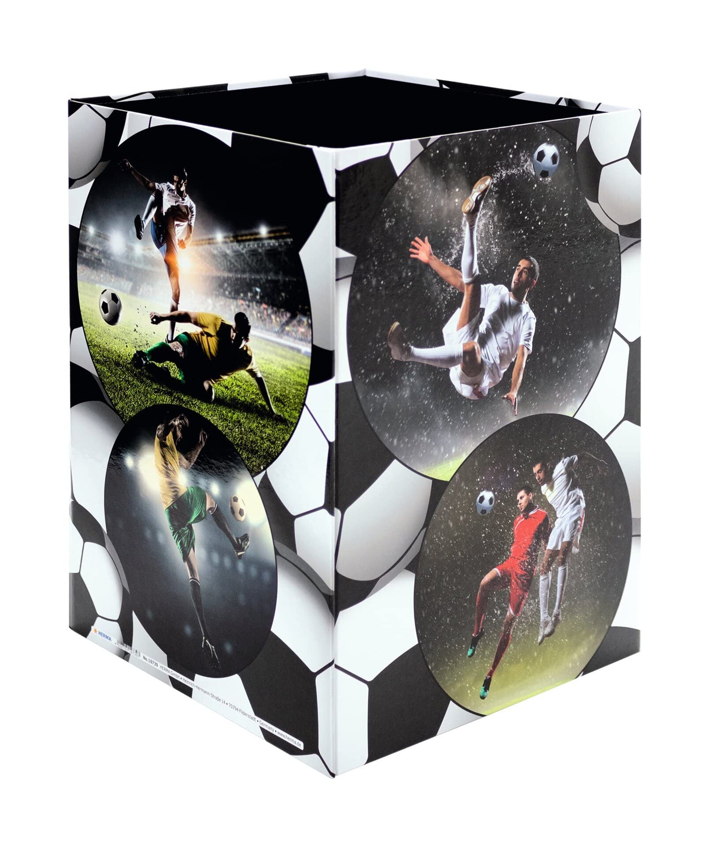 HERMA 19739 Football Design Waste Paper Bin 15 Litres Foldable Sturdy Cardboard Slim Bin for Girls & Boys Rectangular Waste Bin for Children's Room