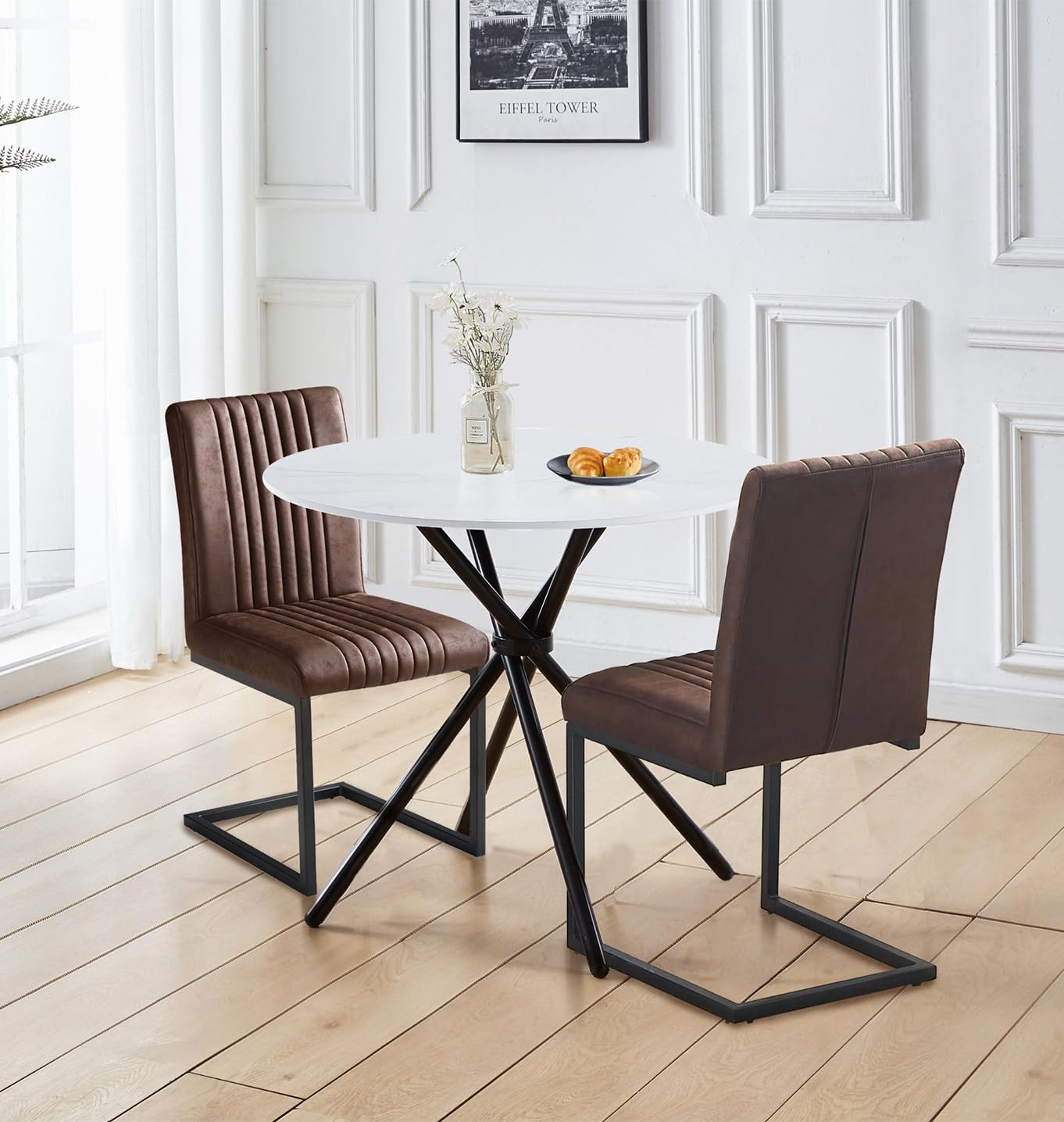 Hallowood Furniture Cullompton Round Table and Chairs Set 2, White Marble Effect Top Small Dining Table and 2 Chairs in Cantilever Base in Brown Faux