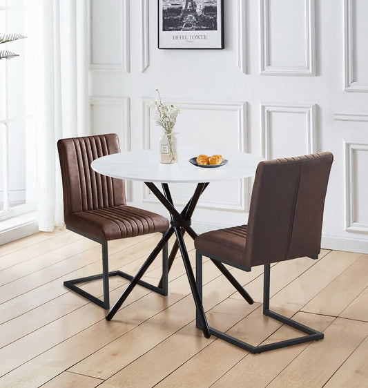 Hallowood Furniture Cullompton Round Table and Chairs Set 2, White Marble Effect Top Small Dining Table and 2 Chairs in Cantilever Base in Brown Faux