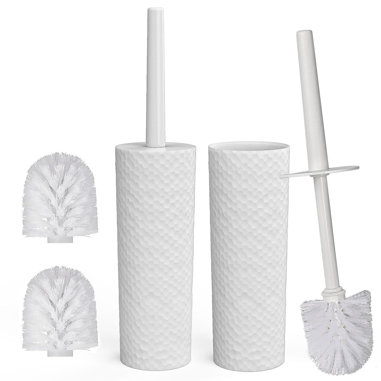 Toilet Brush and Holder Set 2‑Pack, White Plastic Toilet Brushes with 4 Replaceable Brush Heads, Vented Anti‑Drip Base, 360° Soft Dense Bristles