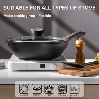 Kordisen Non Stick Induction Wok Pan, 30cm Deep Stir-Fry Pans with Lid, Stay Cool Handle, Compatible with All Stovetops, PFOA Free