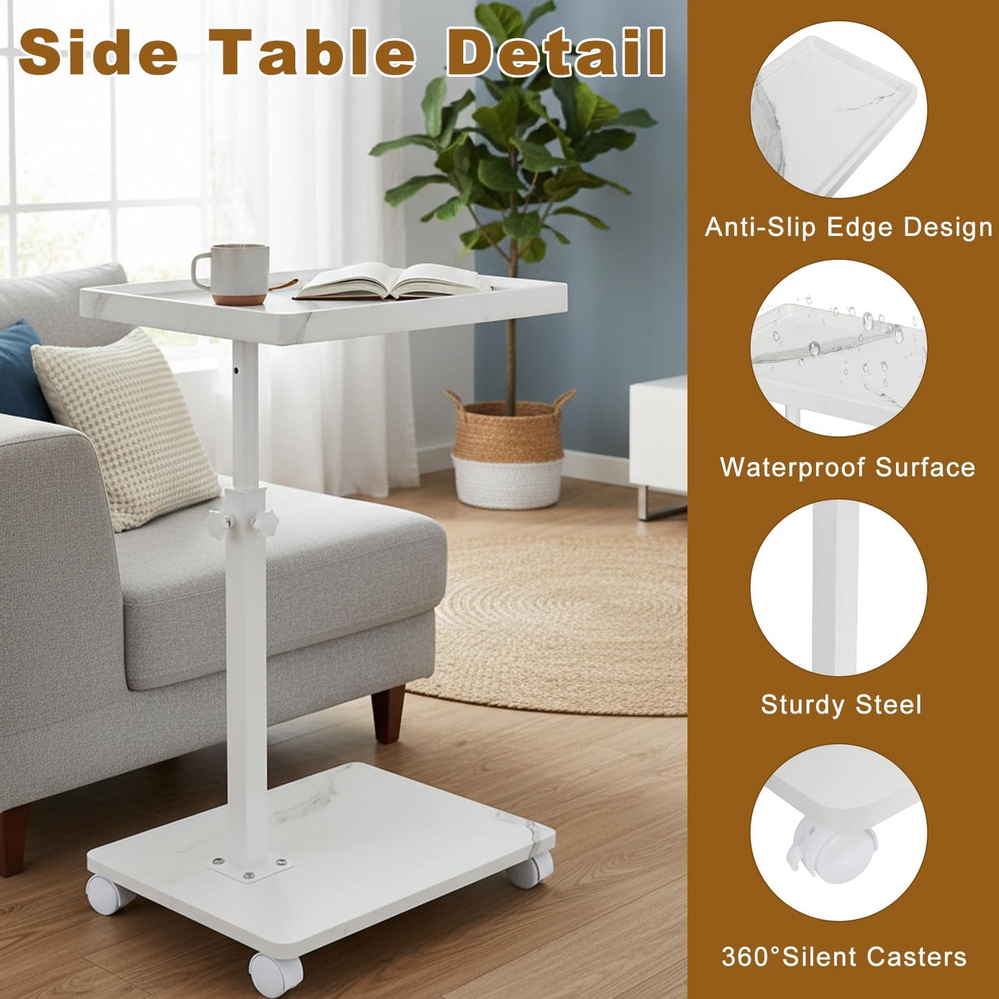 XUDREZ Adjustable Side Table, C Shaped Small Table with 4 Wheels 364° Swivel Tray, End Table for Living Room Bedroom Sofa Small Spaces