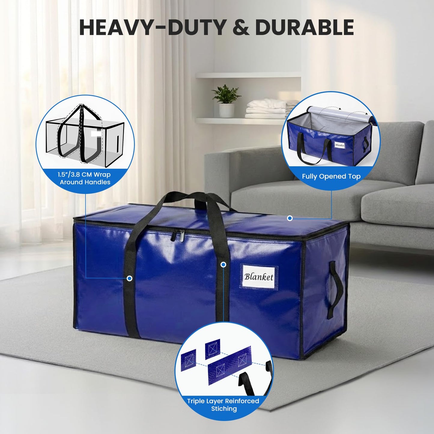 RICHER HOUSE 90L Heavy Duty Moving Boxes, Clothes Storage Bags, 4 Pack,Blue