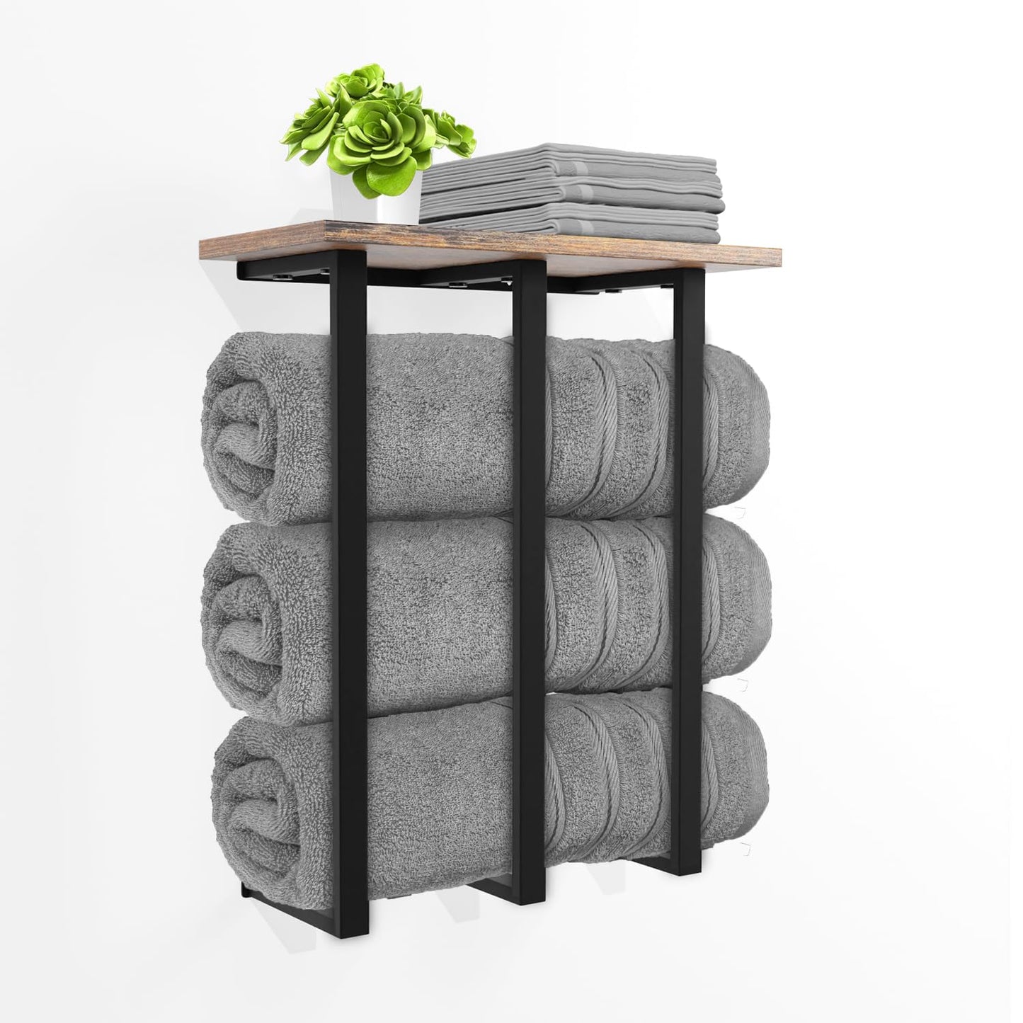 Whimsii Towel Rack Wall Mounted With Shelf, Bathroom Towel Storage For Rolled Towels, Perfect Organizer For Small Bathrooms, 3 Sturdy Iron Bars &