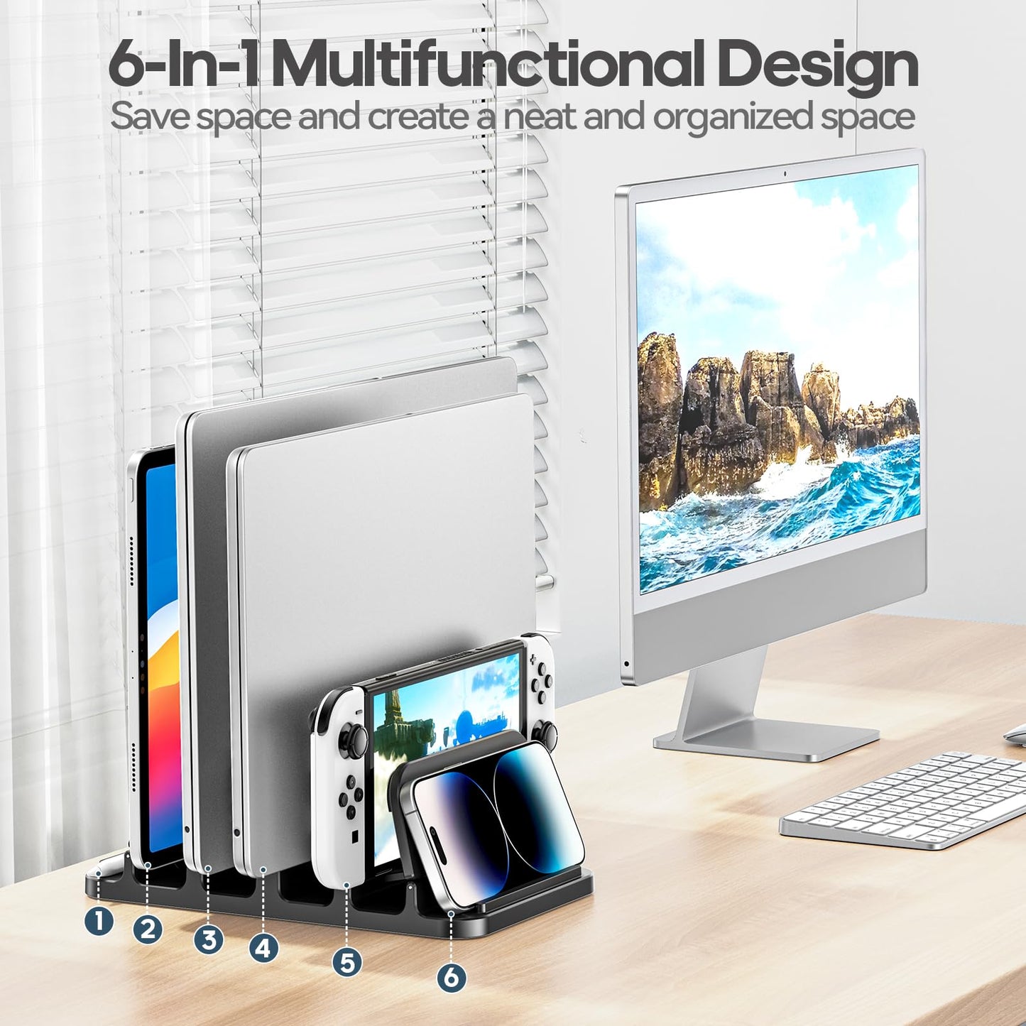 KDD Vertical Laptop Stand with 4 Slot,6-in-1 Laptop Holder Desktop Stand with Gravity Locking,Space-Saving Organizer for MacBook/Microsoft