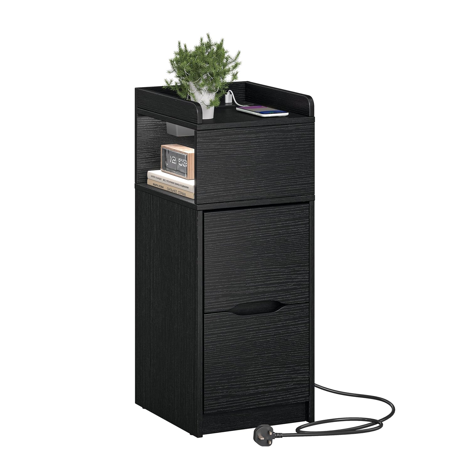 Quikraen 27cm Slim Bedside Table with Charging Station and Sensor LED Light