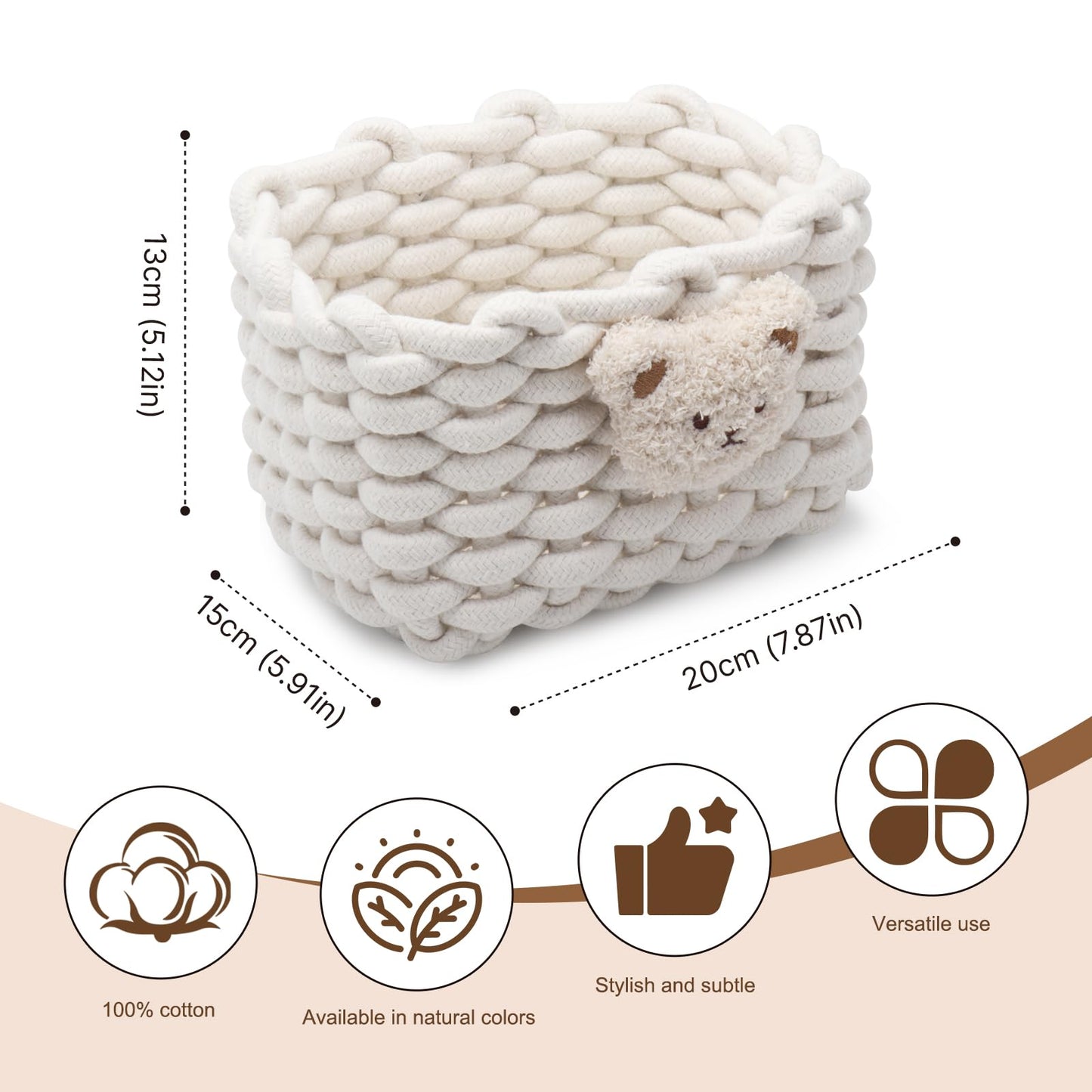 Woven Cotton Wicker Storage Basket with Bear Motif, White - Bathroom Organizer for Desk, Makeup Table, Cabinets, Bath, Kitchen (White)
