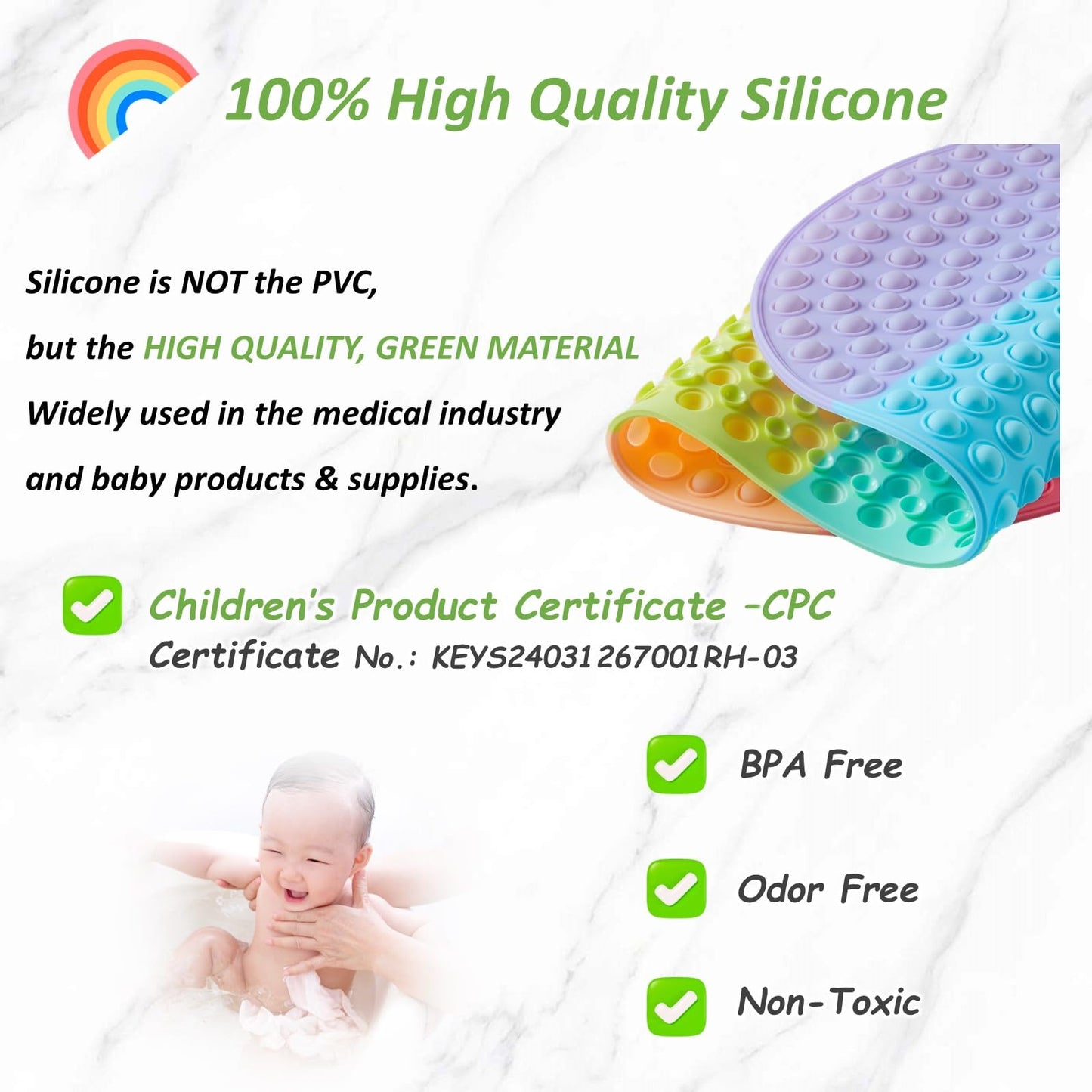 Joiyota Baby & Toddler Bath Mat for Tub，Silicone Non Slip Bathtub Mat for Kids with 27 x 15 Inches for Storage