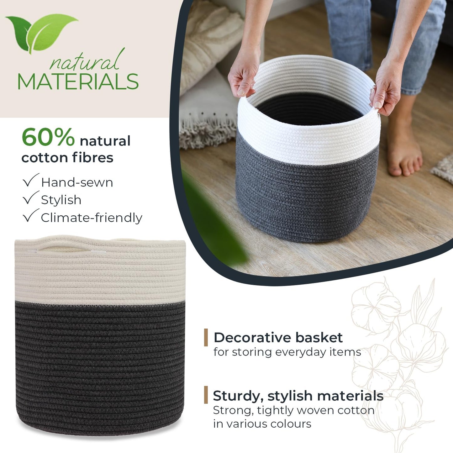HMF Storage Basket with Hidden Handles, Round Basket Fits Kallax | 31 x 31 cm | White/Grey