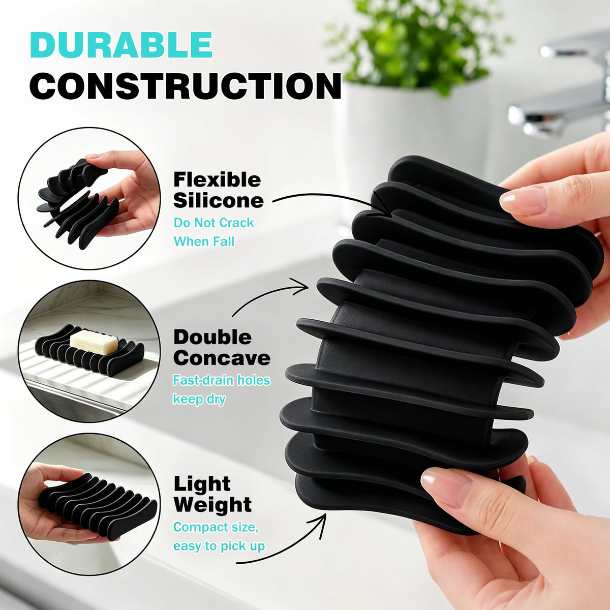 Langerspur Silicone Soap Dish 2 Pack Bar Soap Holder Self Draining Soap Tray Dishes for Bathroom Shower Kitchen Sink Travel Black